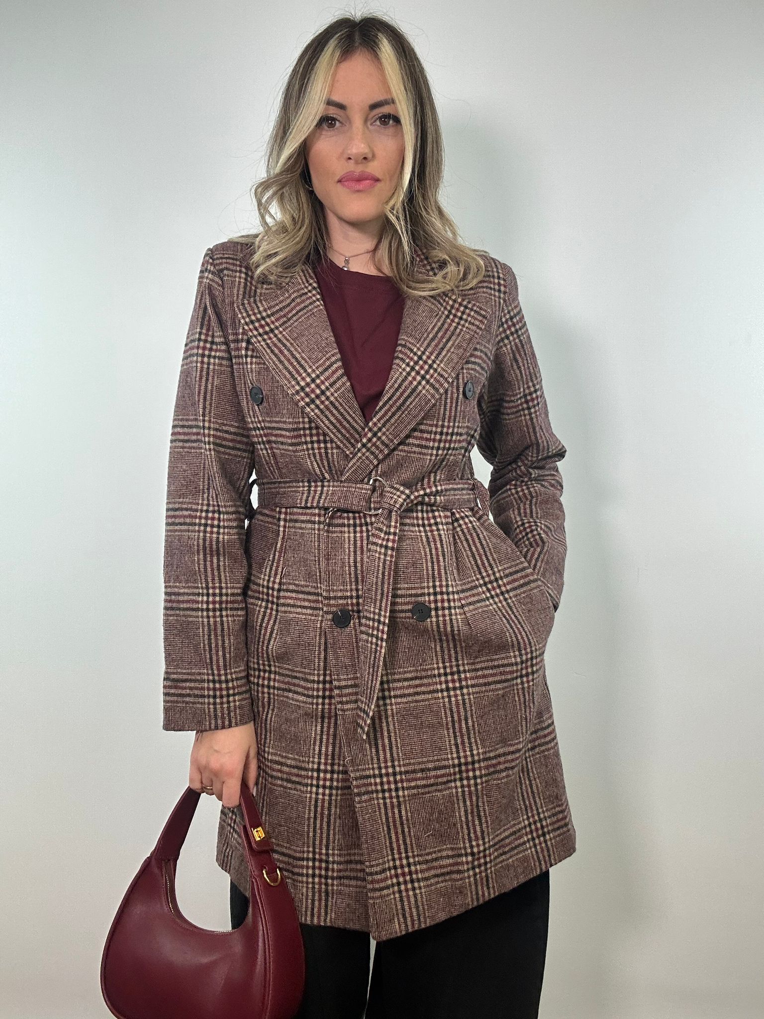 Cappotto a Quadretti 0025 - Bordeaux e Nero
