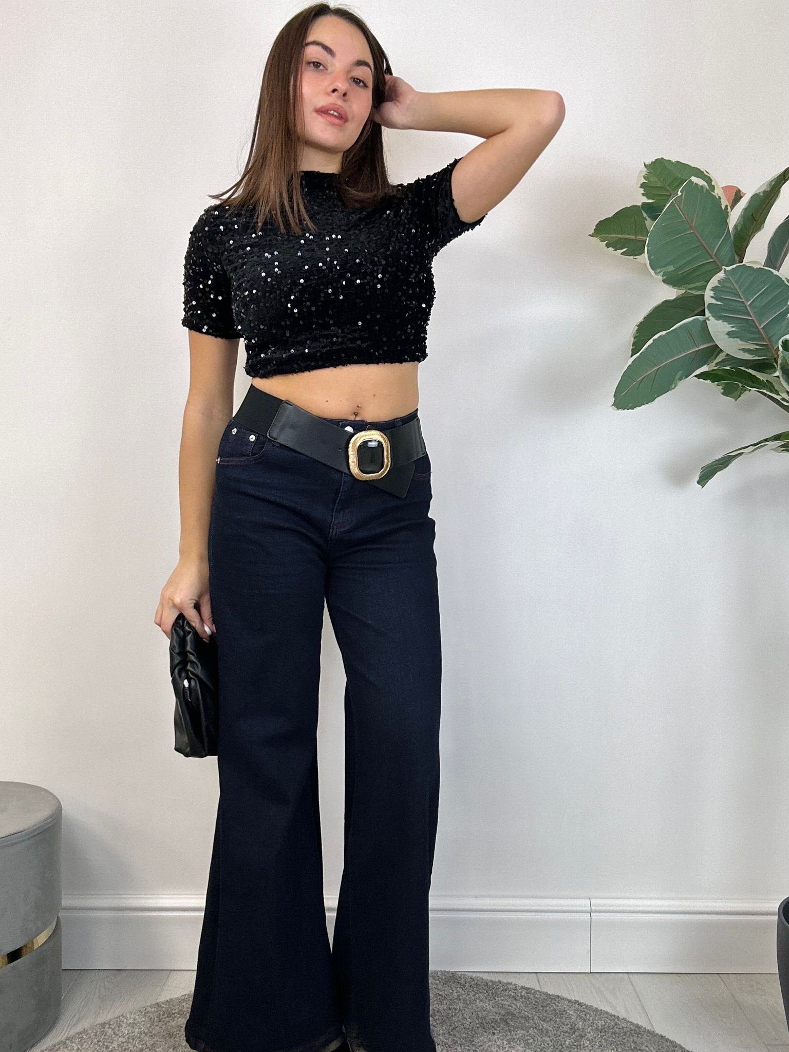 Pull court à sequins - Noir