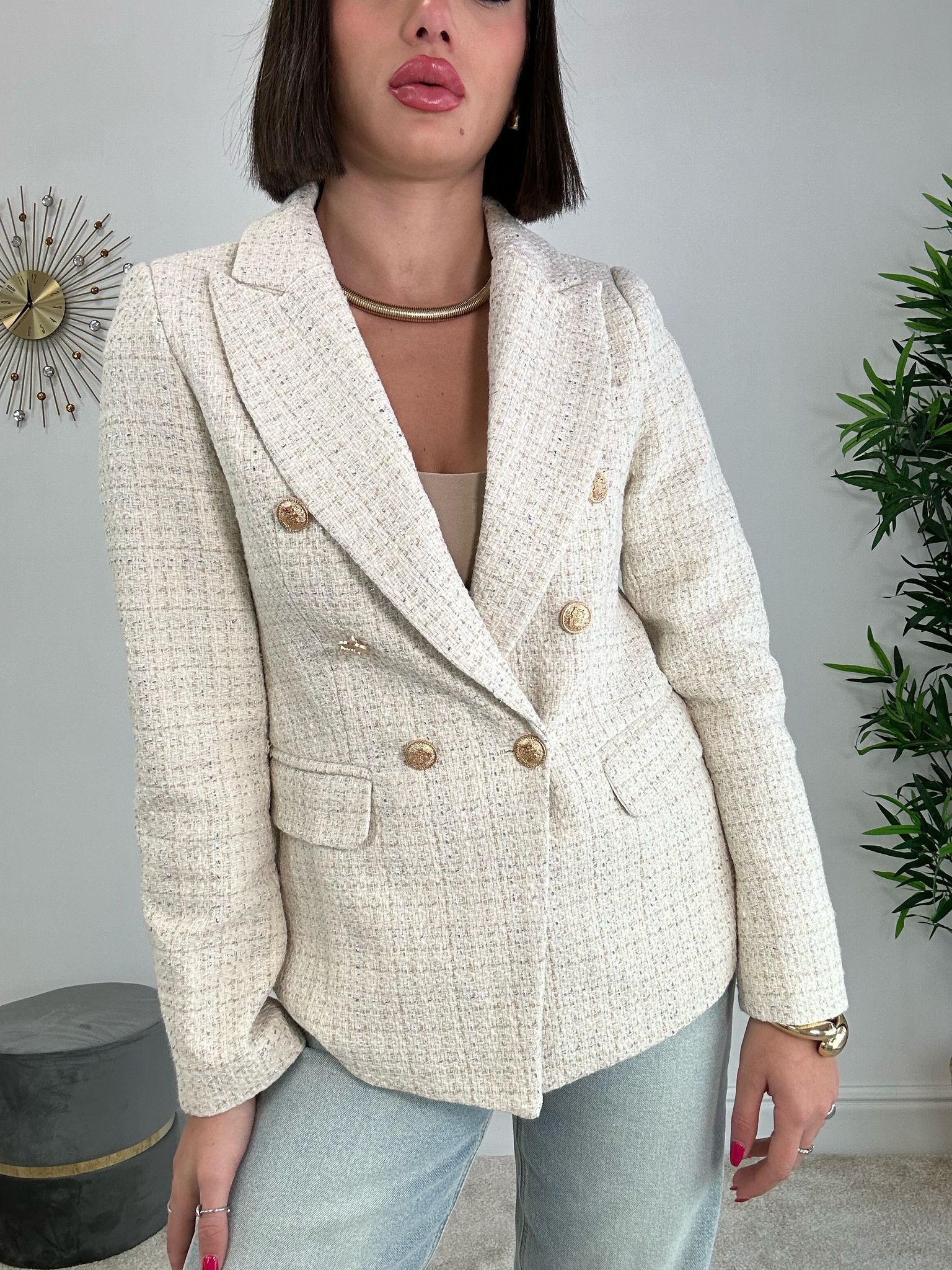 Giacca Doppio Petto in Tweed - Beige