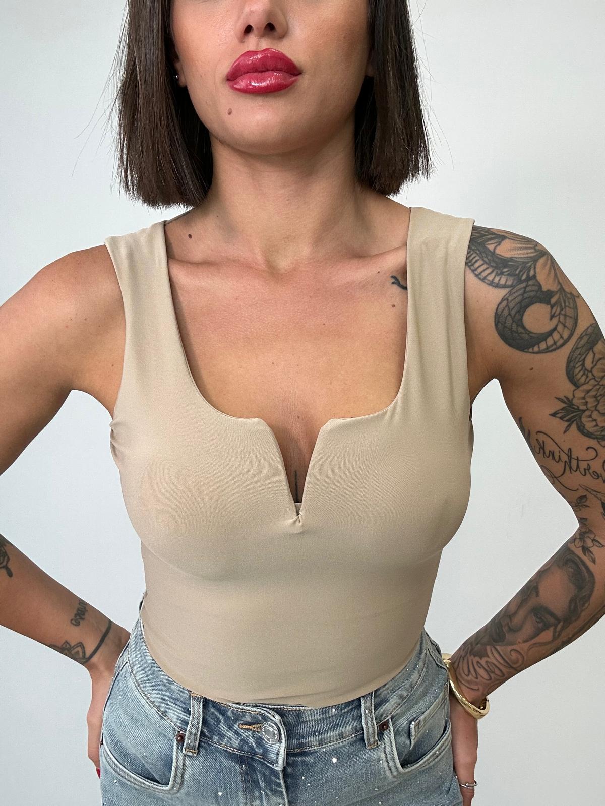 Body Smanicato Scollo a V - Fango