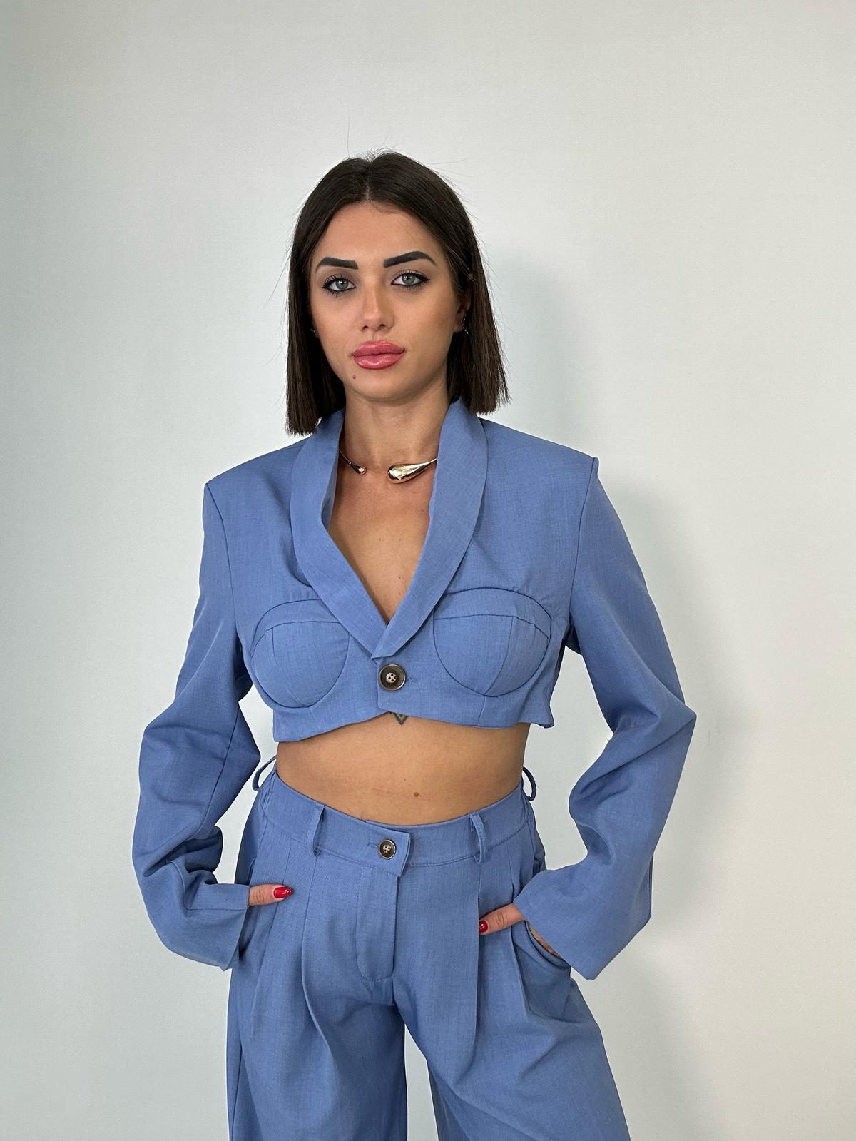 Coordinato Vittoria (Blazer Crop + Pantalone) Blu Denim