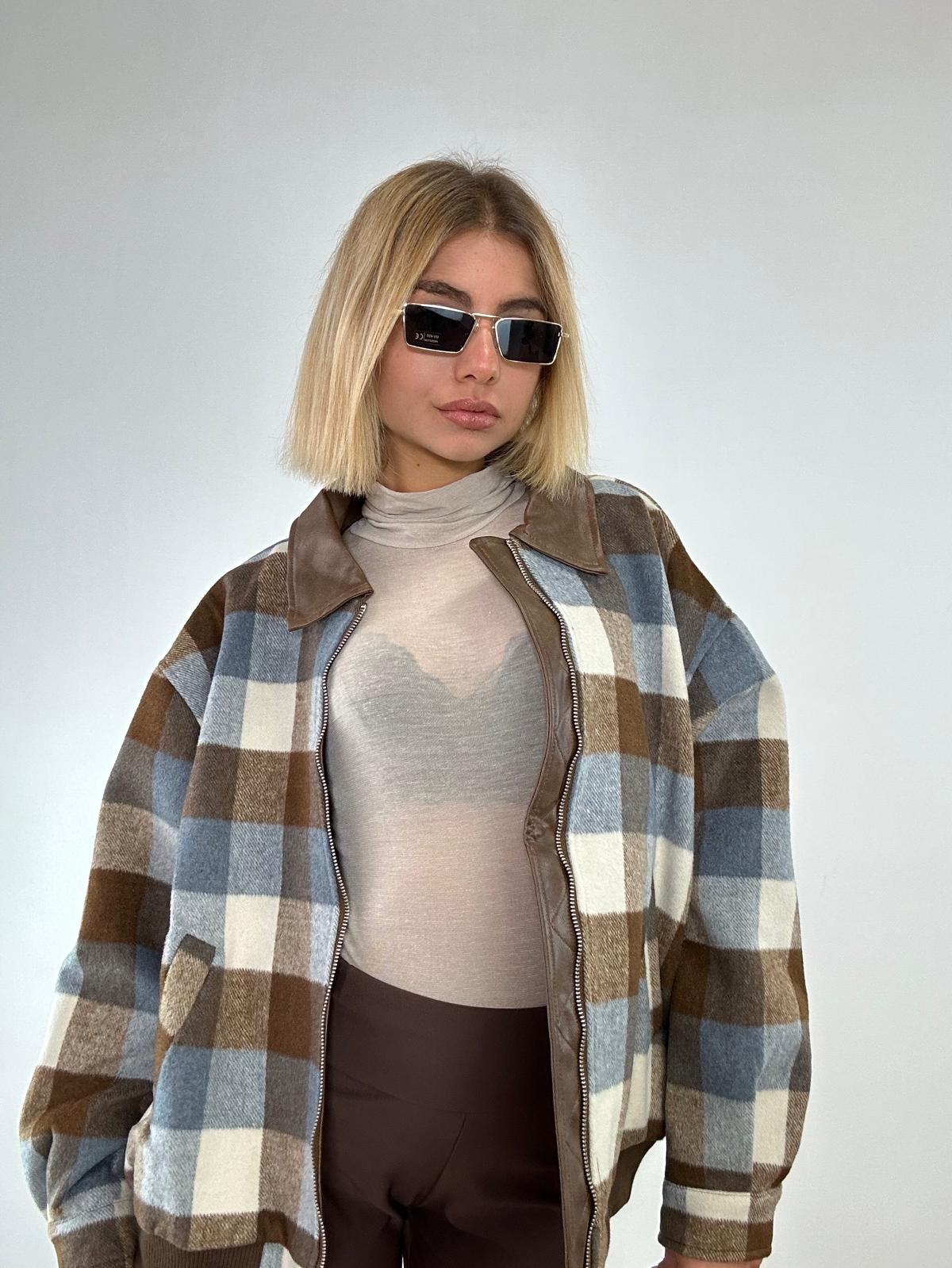 Giubbotto A Quadri W29725 - Celeste e Marrone