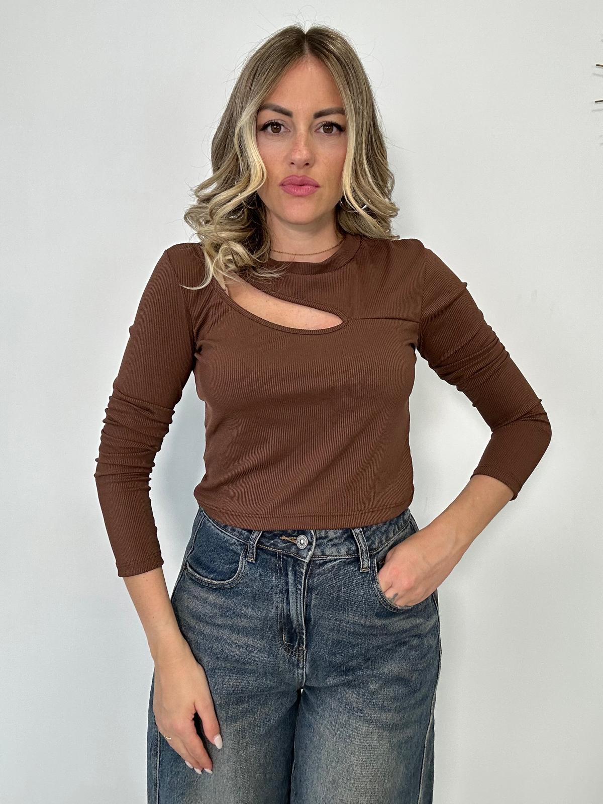 Maglia a costine con apertura - Marrone