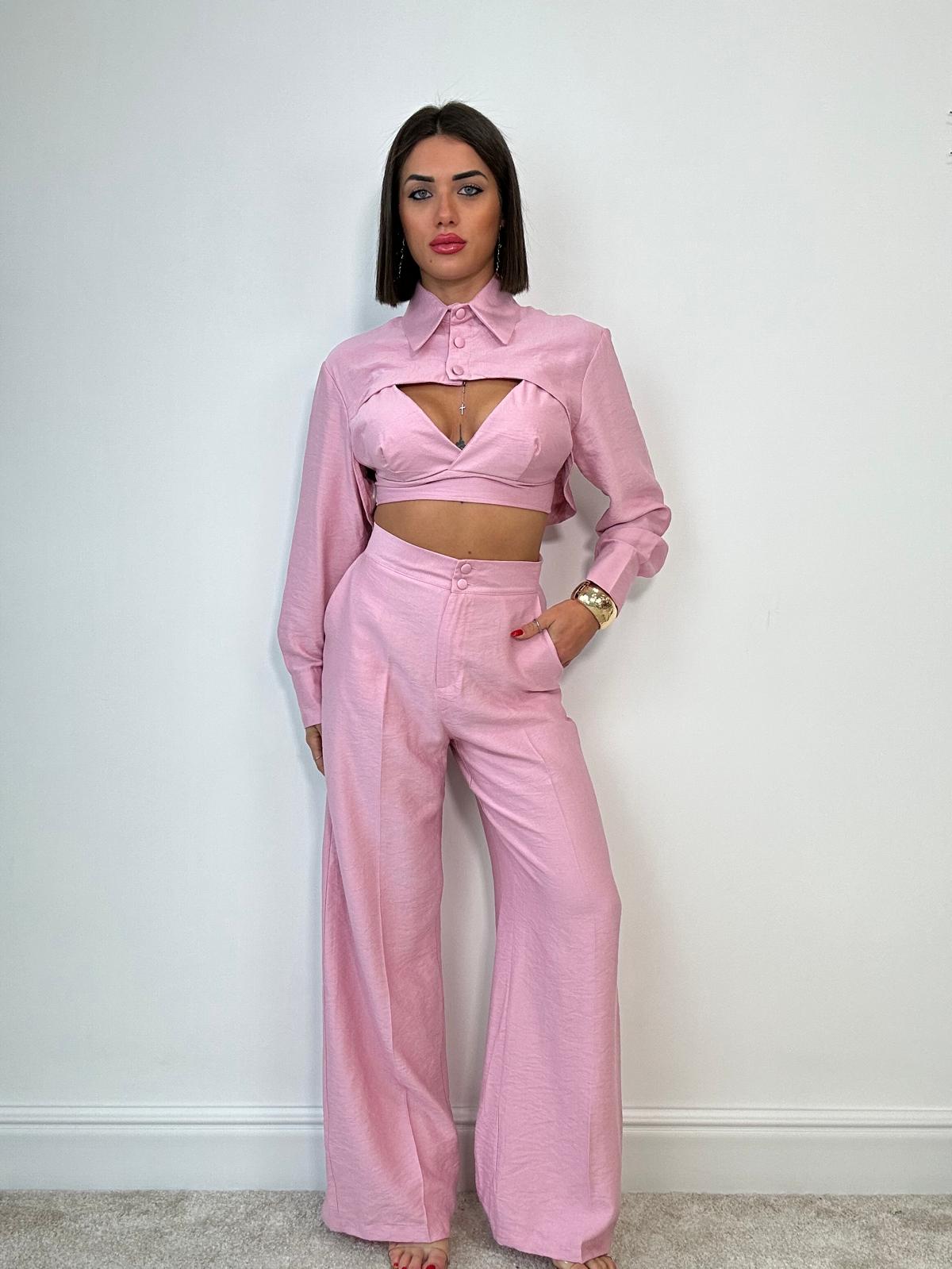 Coordinato Malibù (Camicetta Crop + Bralette + Pantalone) Rosa