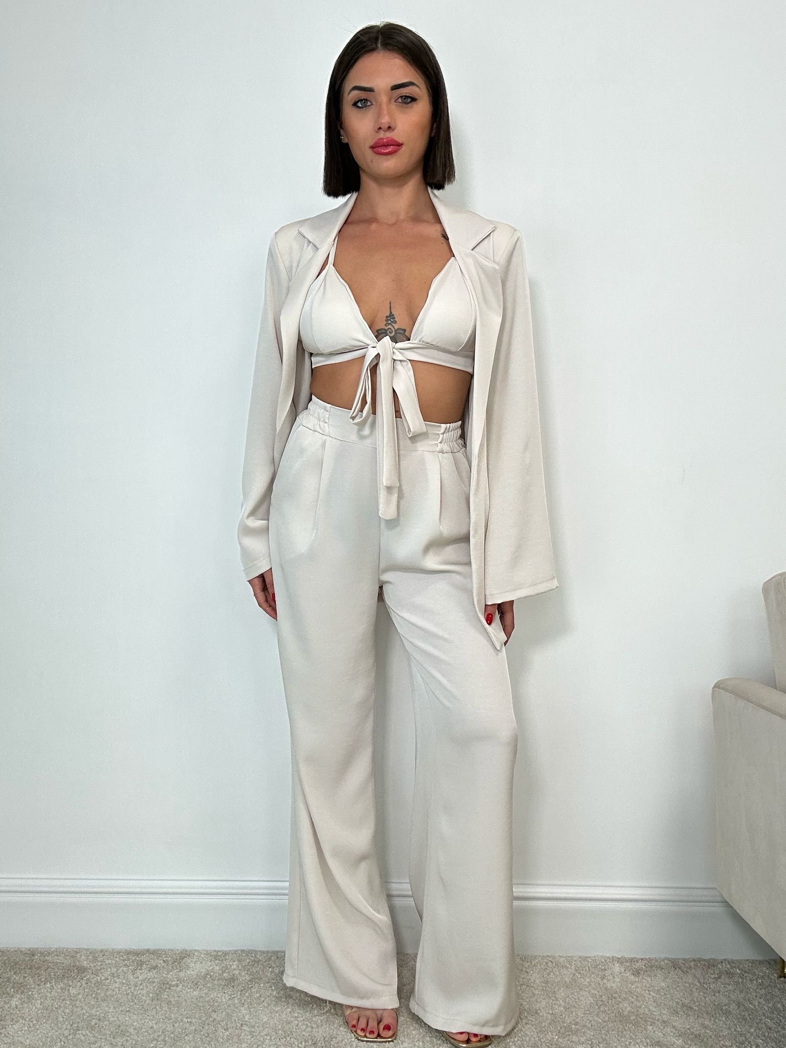 Ensemble coordonné Bora Bora (top court + chemise + pantalon) Crème