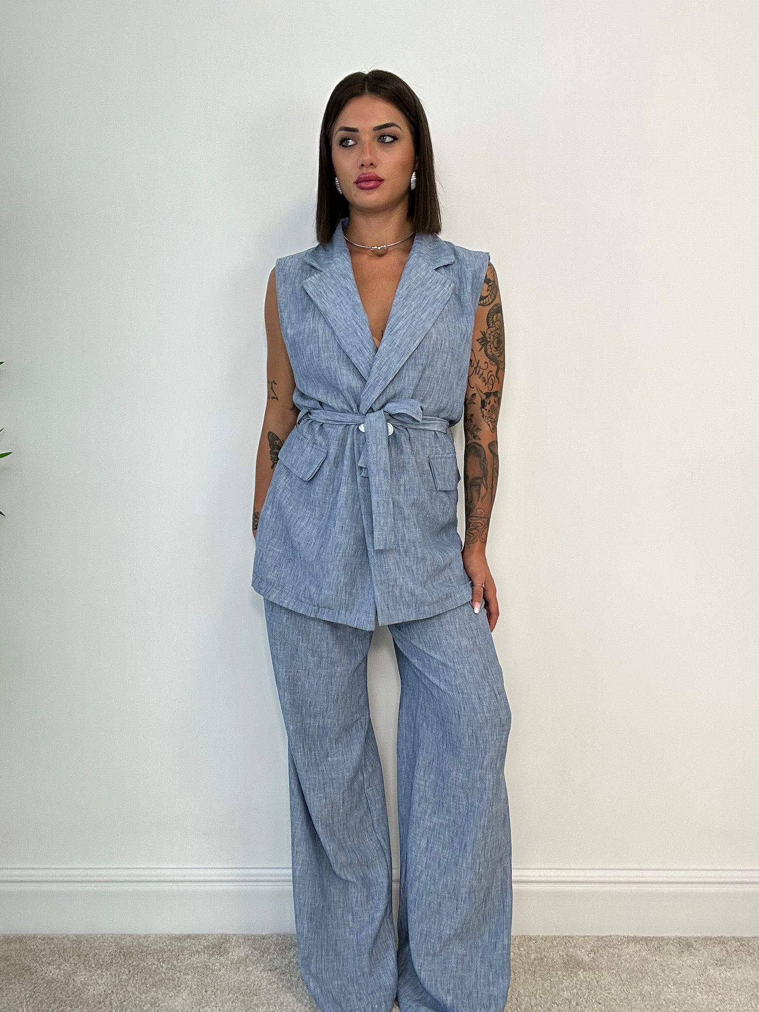 Coordinato Kyoto (Blazer Smanicato + Pantalone) Celeste