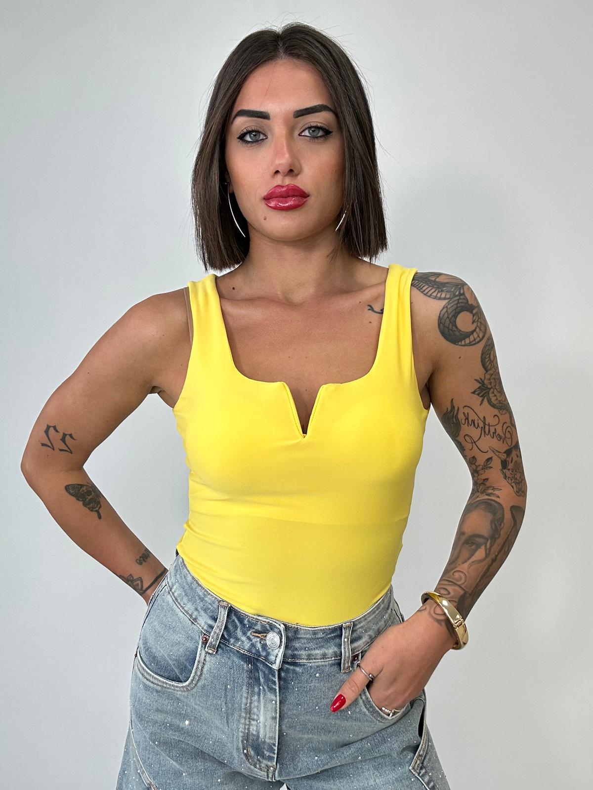 Body Smanicato Scollo a V - Giallo