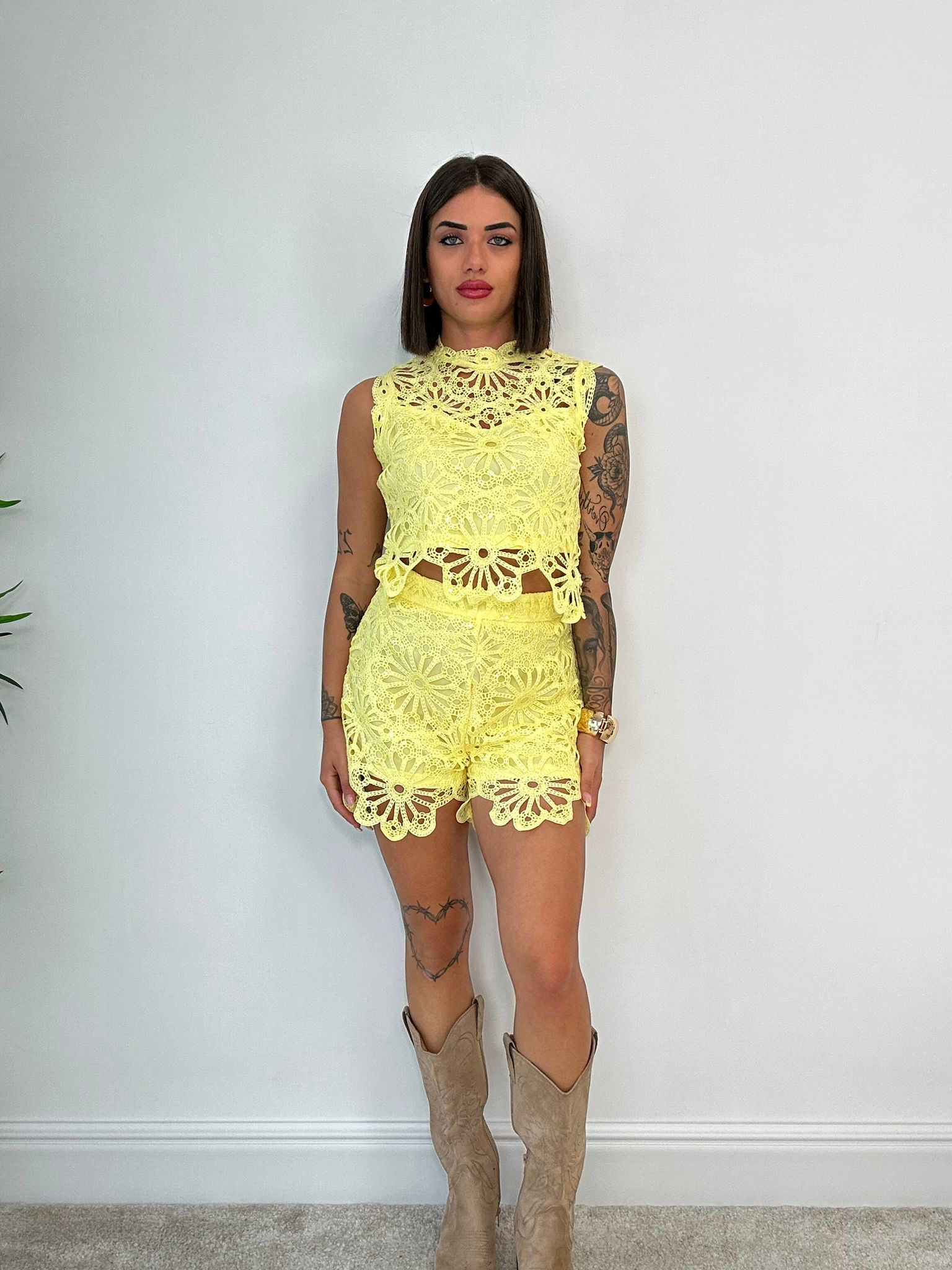 Coordinato Macramè (Maglia + Pantaloncino) Giallo