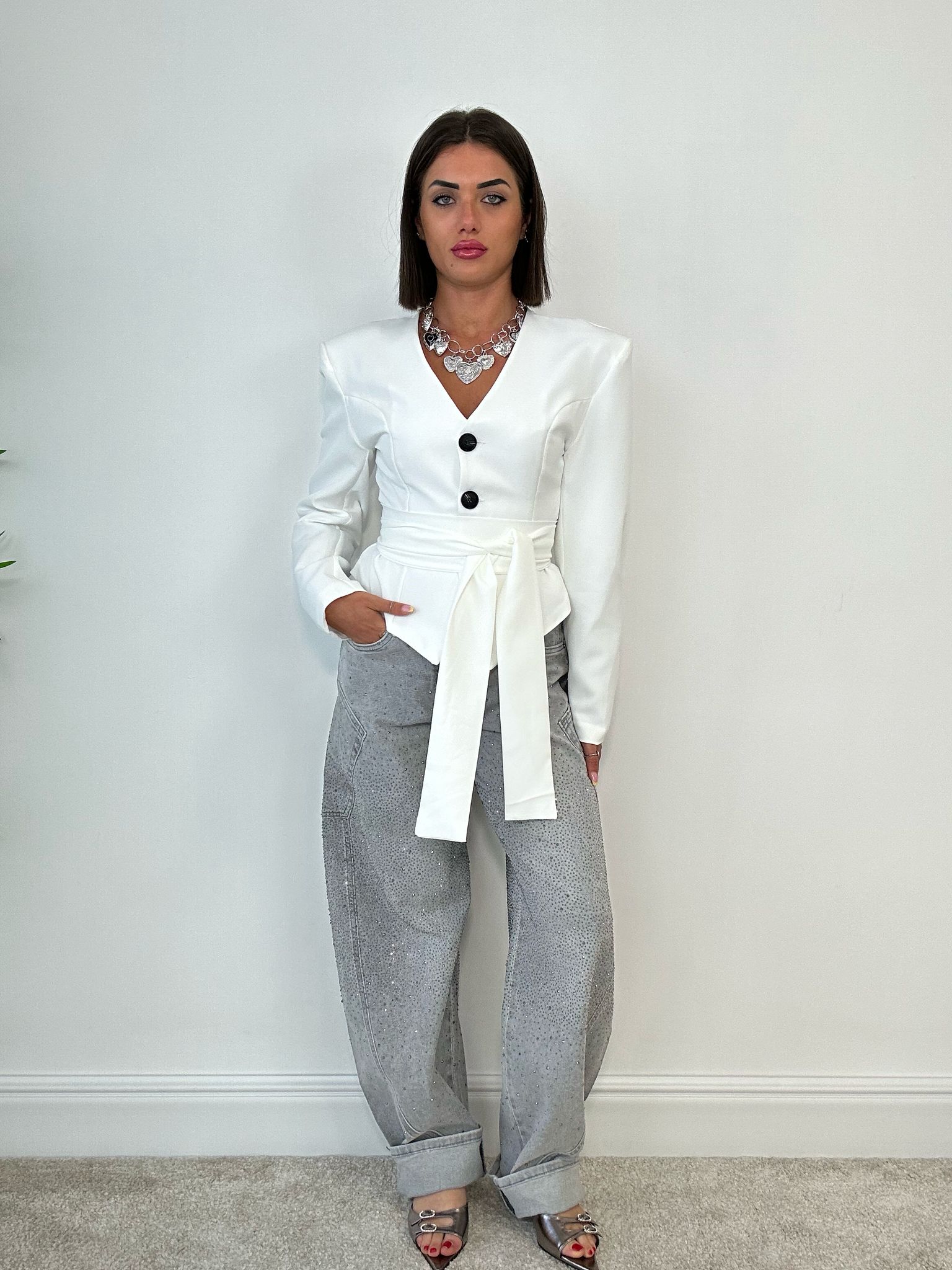 Kragenlose Jacke - Weiß