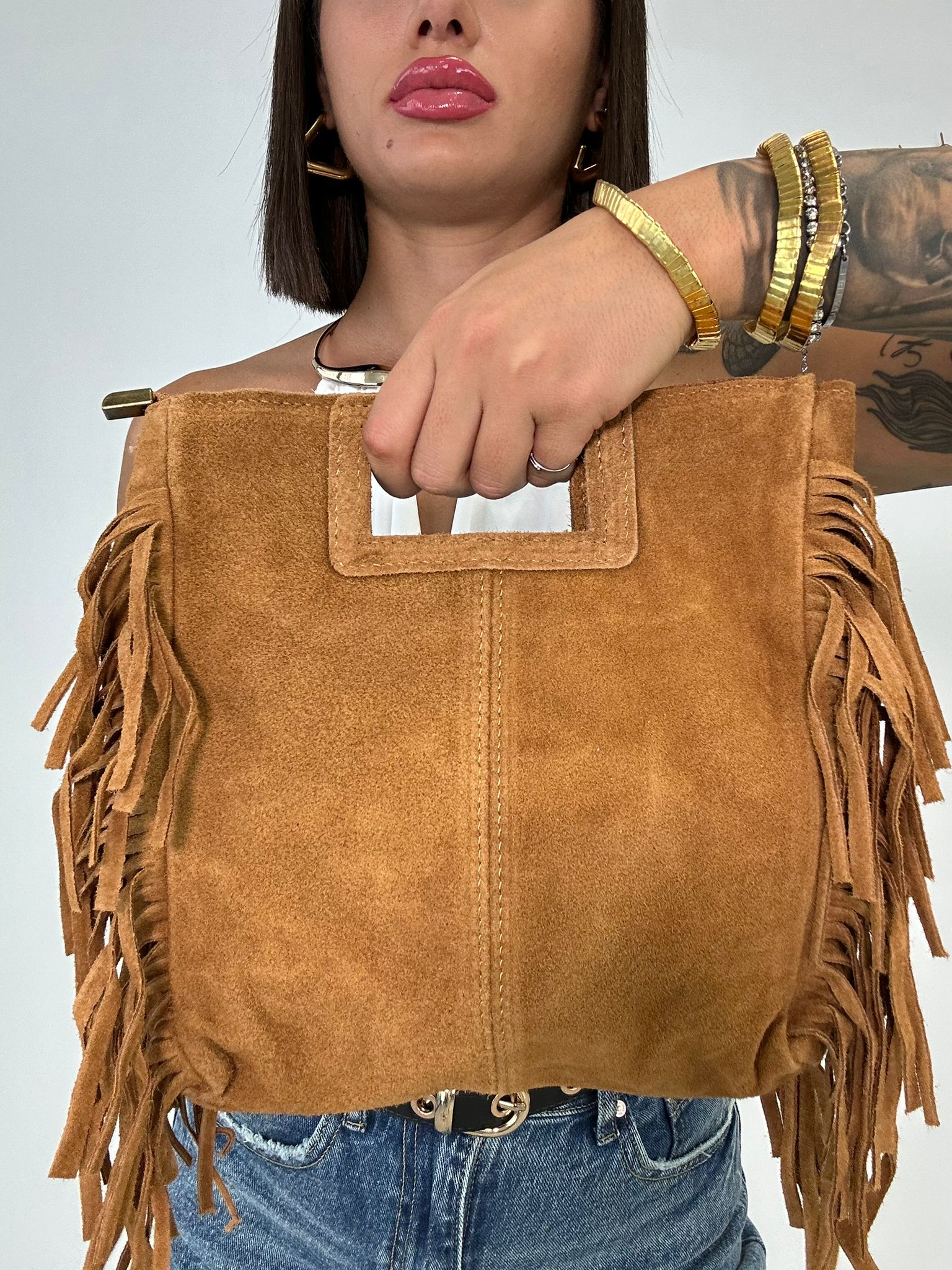 Borsa con frange e manico rigido - Camel