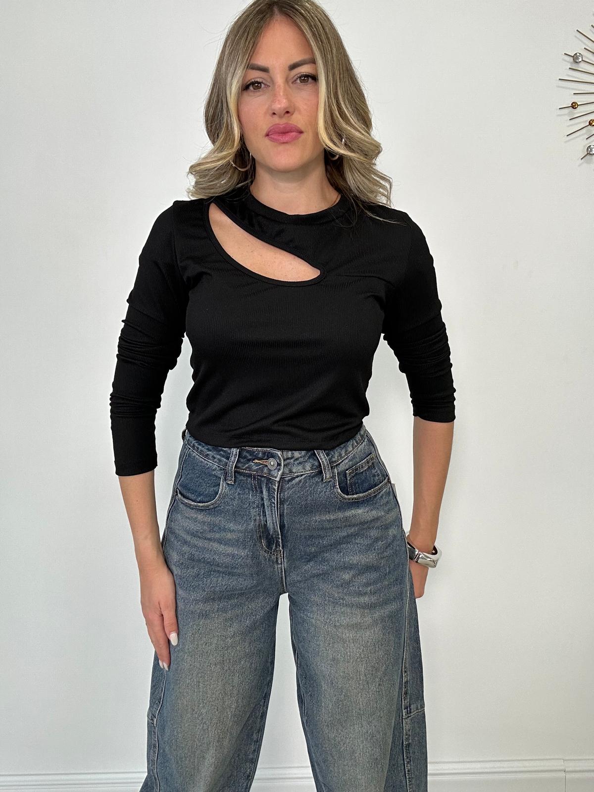 Maglia a costine con apertura - Nero