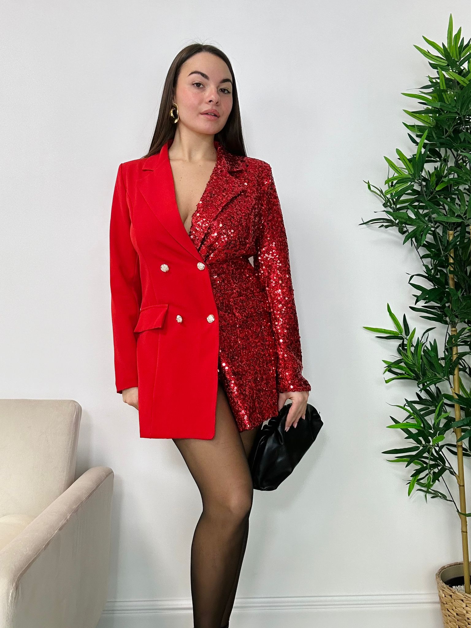 Robe Blazer à Paillettes - Rouge