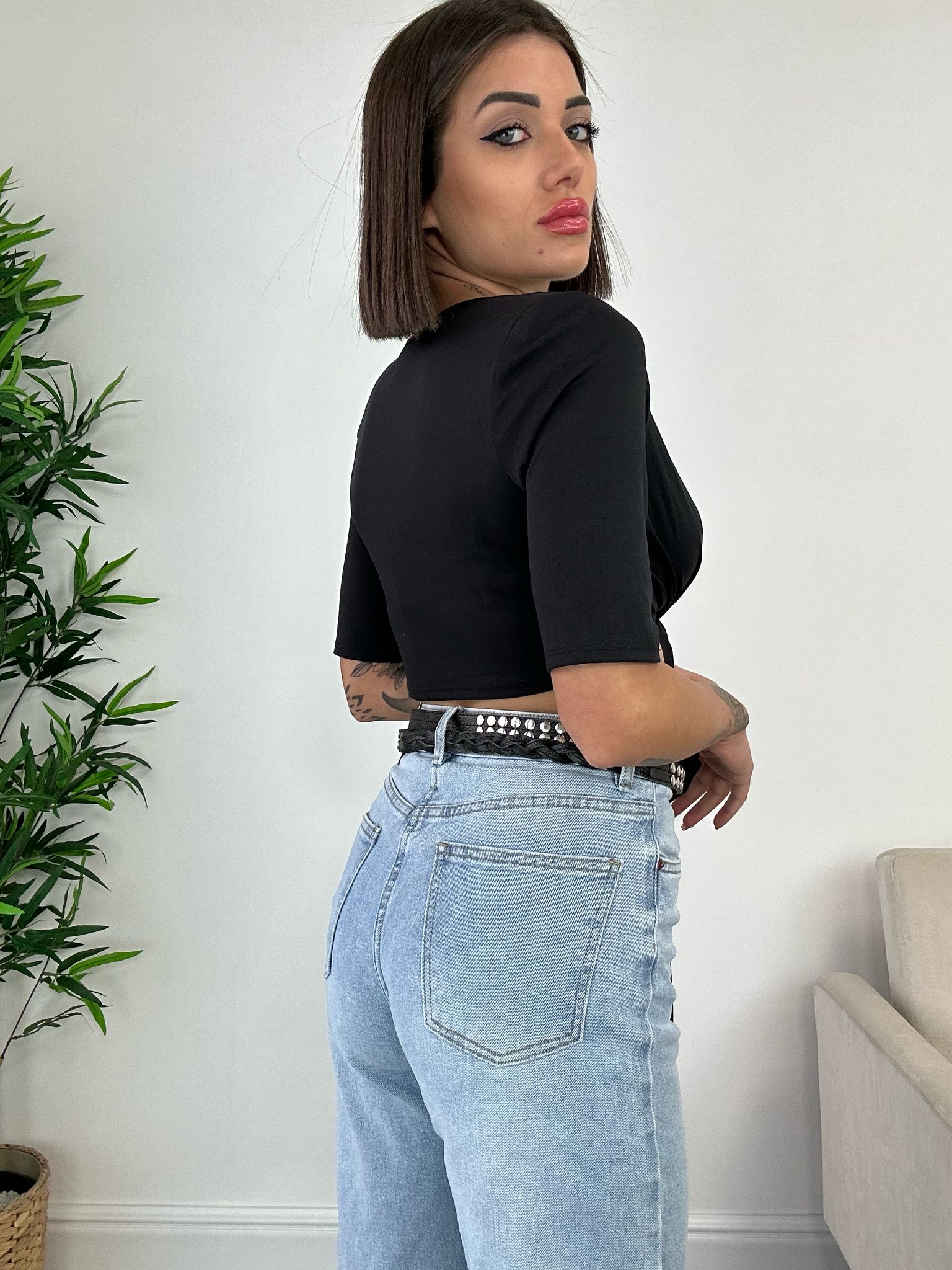 T-shirt Crop con lacci - Nero