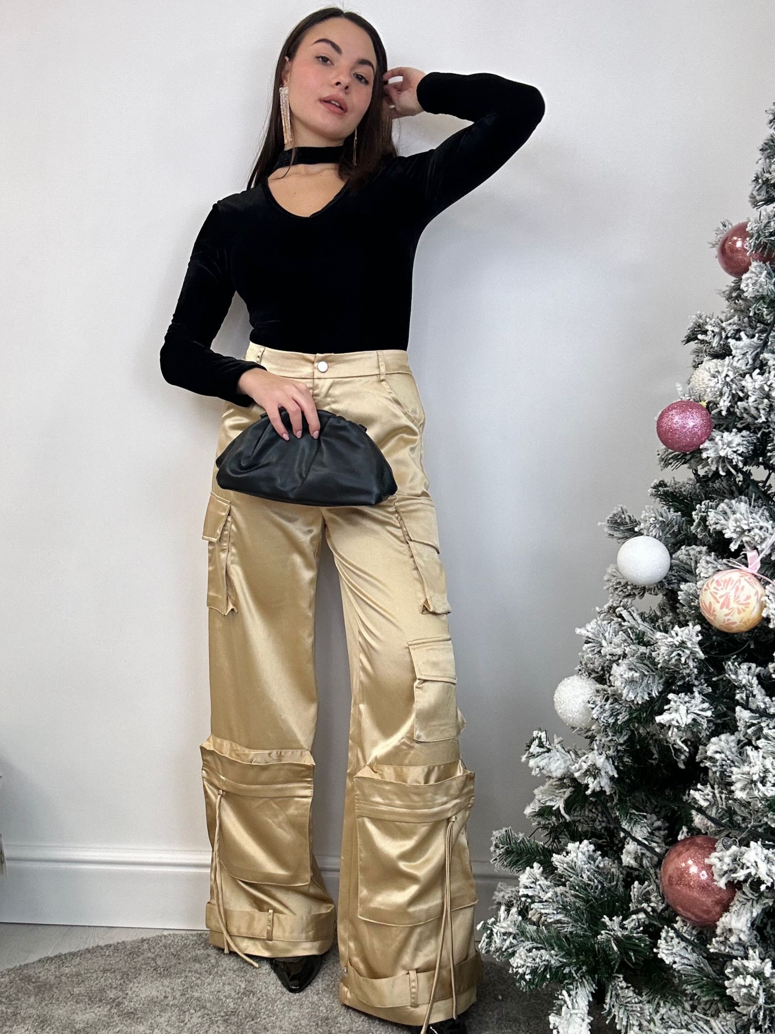 Pantalon cargo effet satiné - Doré