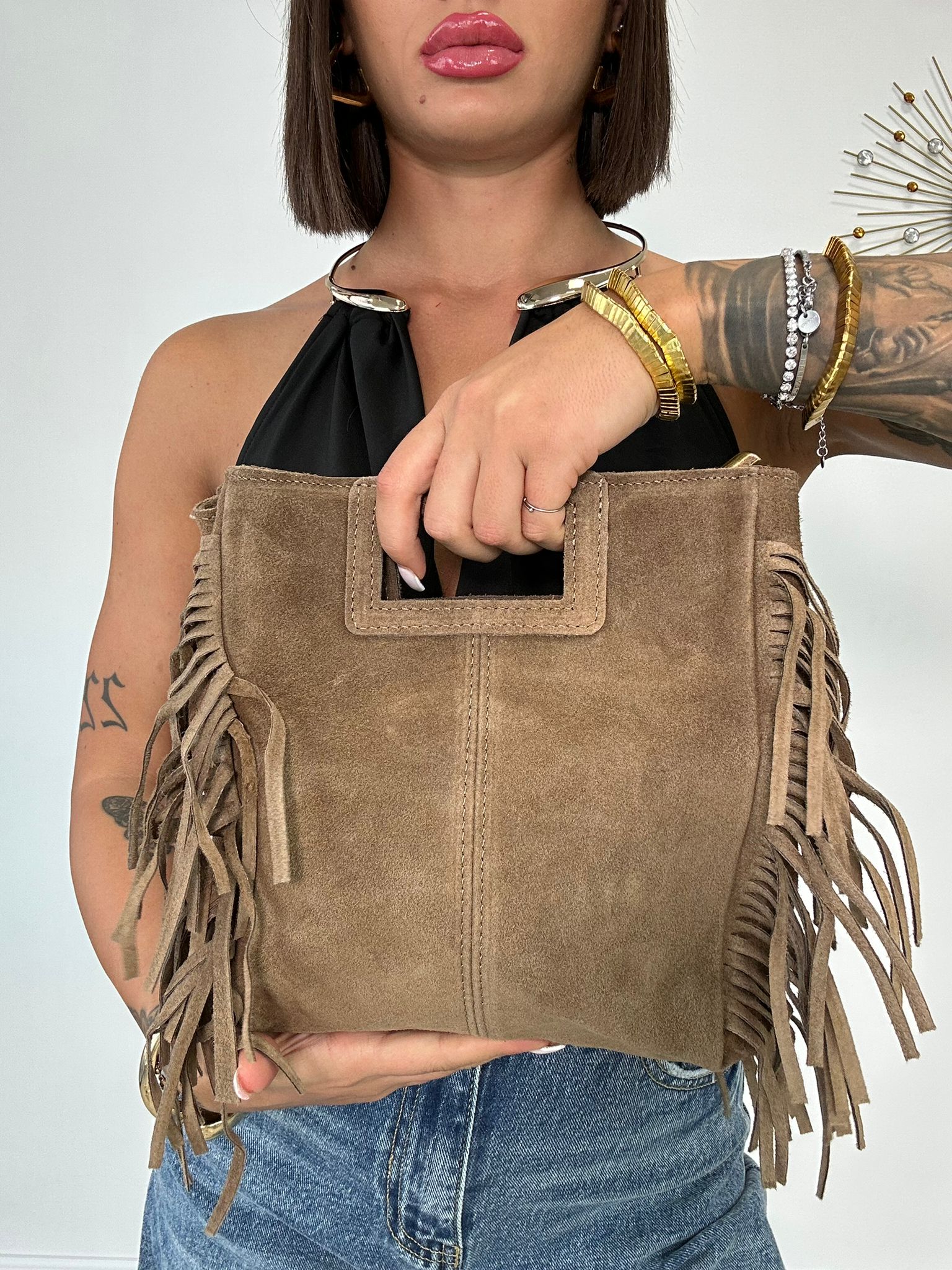 Borsa con frange e manico rigido - Beige Scuro