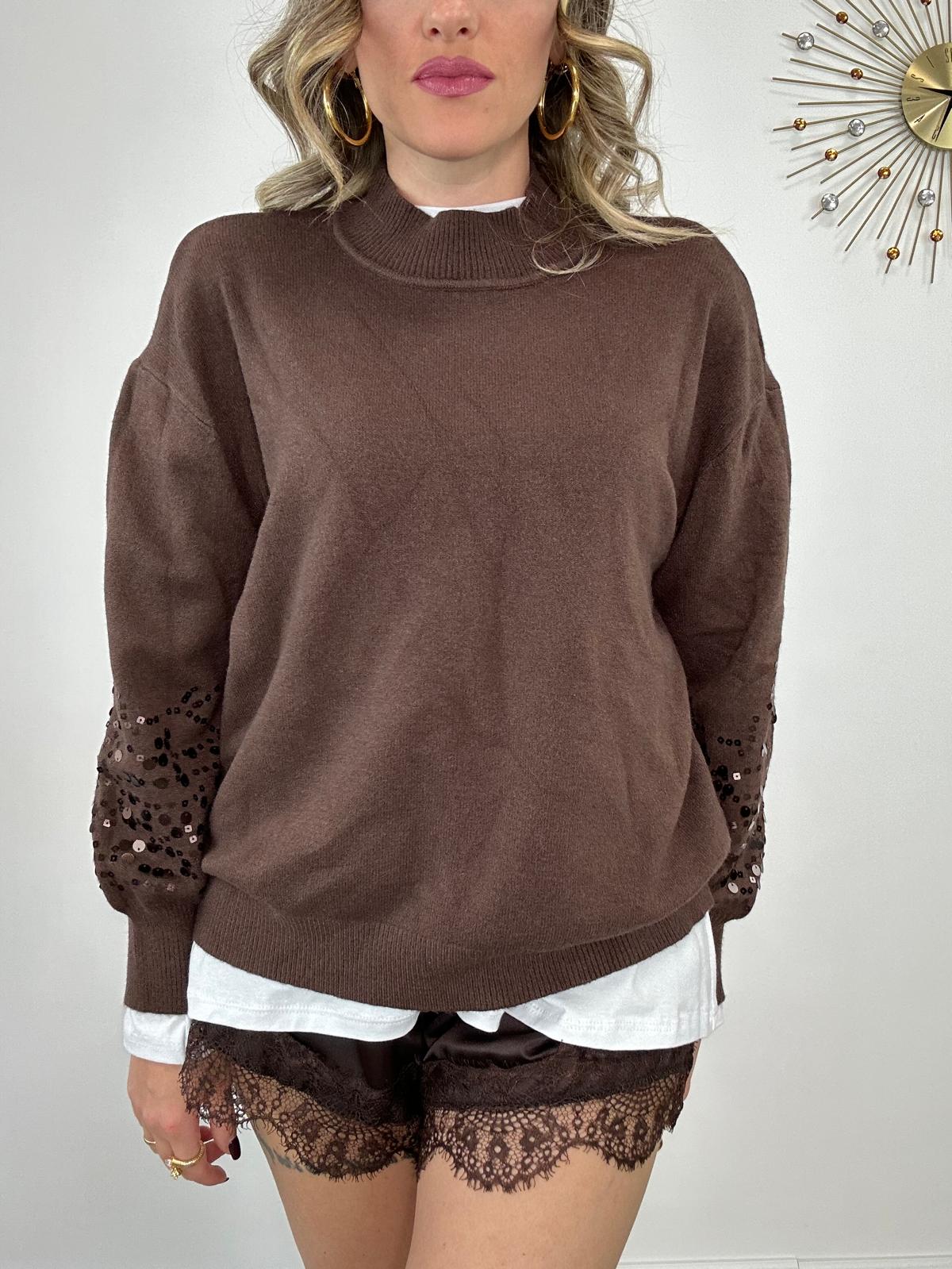 Maglioncino DL7357 con paillettes manica - Marrone