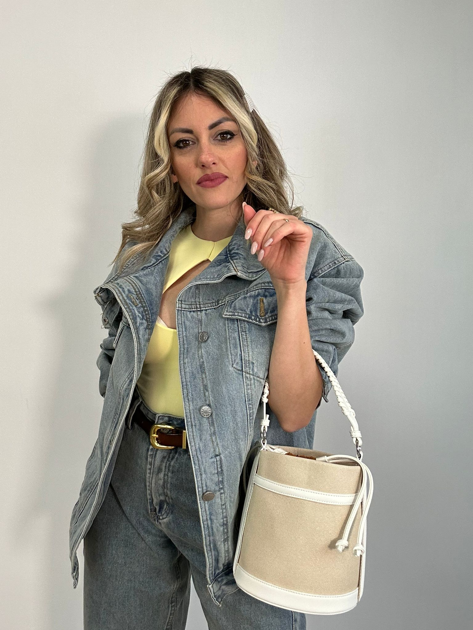 Borsa a secchiello - Beige e Bianca