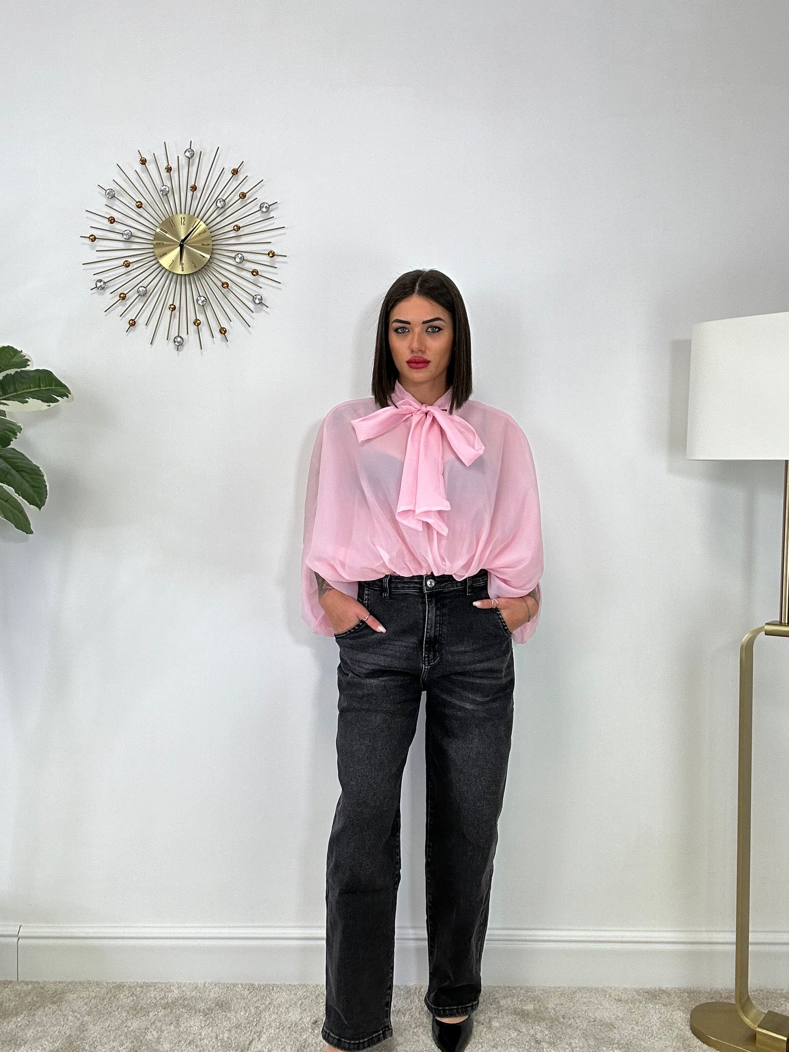 Chemisier à nœud et volants - Rose