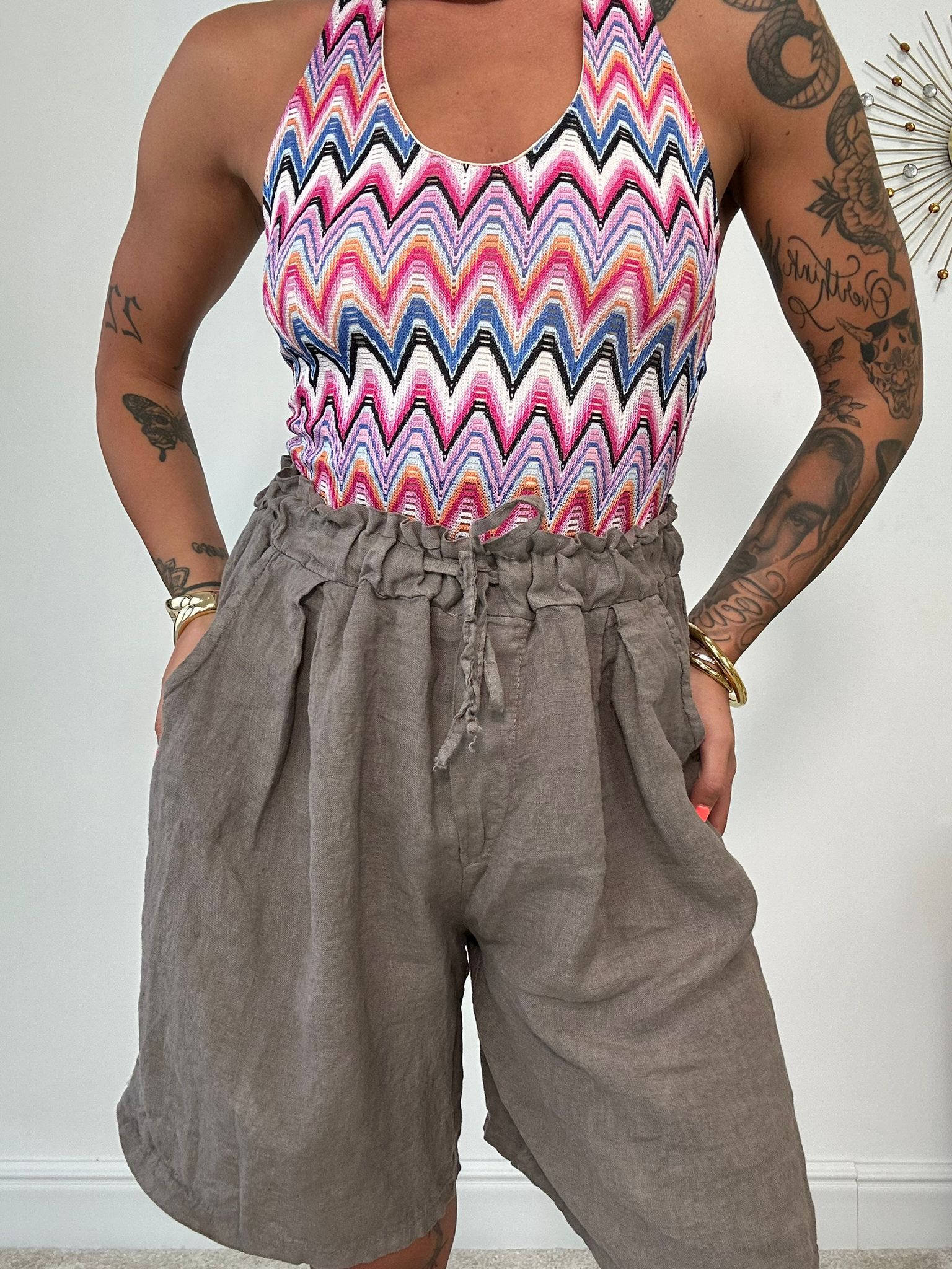 Pantaloncino con Laccetti in Lino - Fango