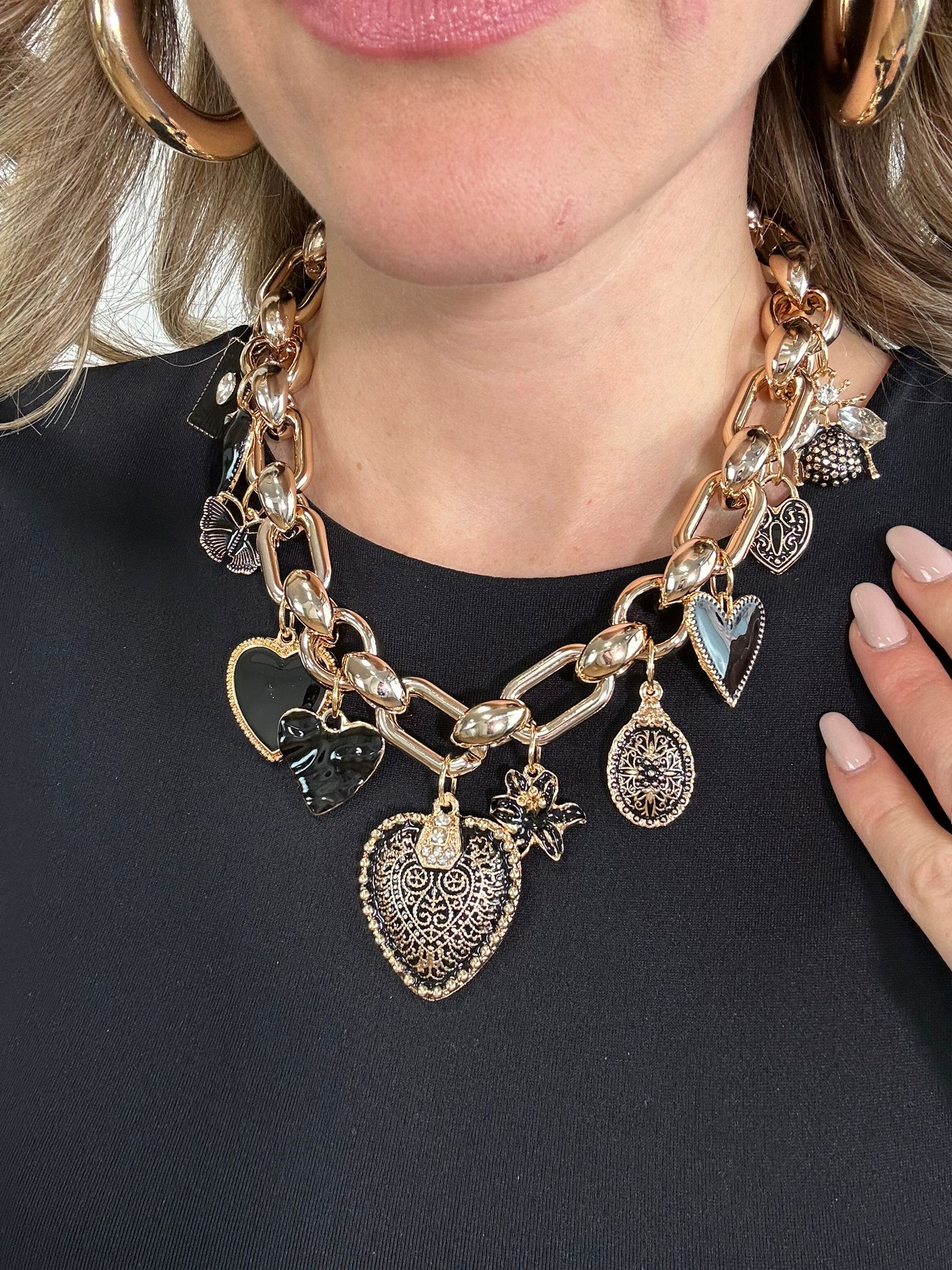 Collana con ciondoli a cuore neri - Oro