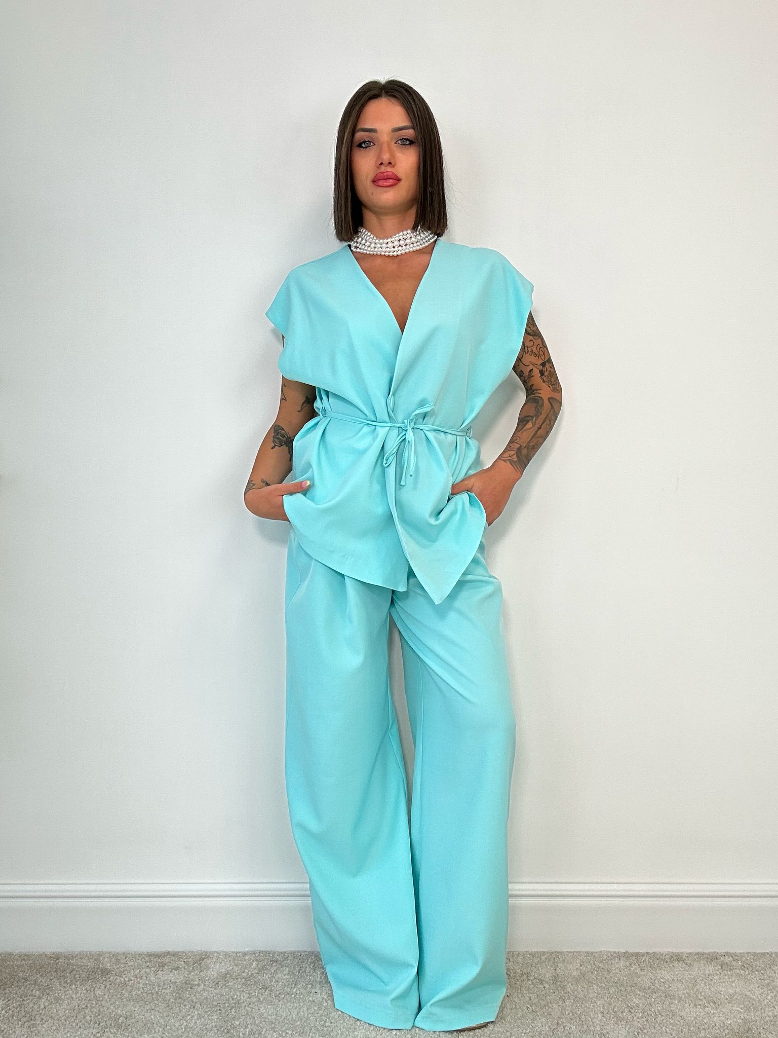 Coordinato Malaga (Giacca Smanicata+ Pantalone) Verde Acqua