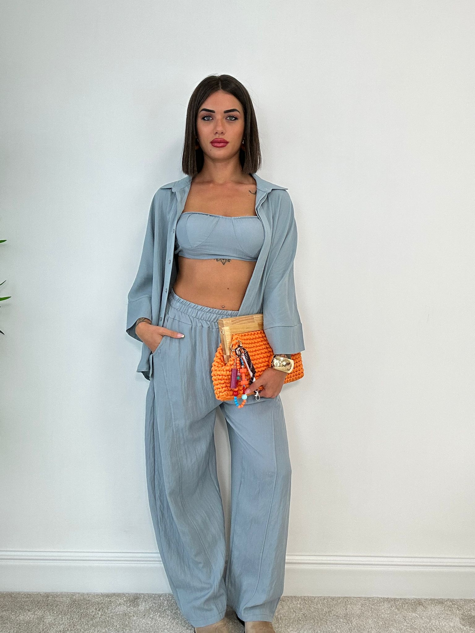 Coordinato Miami (Camicia + Top + Pantalone) Azzurro Polvere