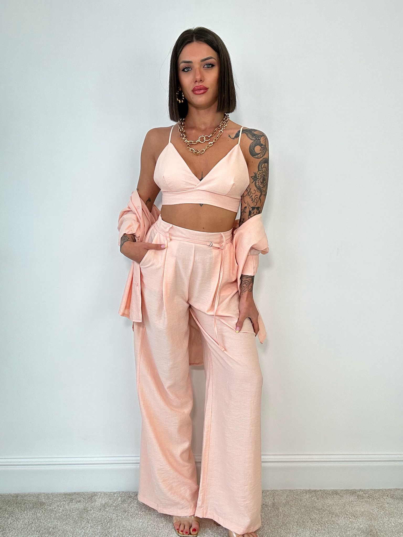 Coordinato Lisbona (Camicia + Bralette + Pantalone) Pesca