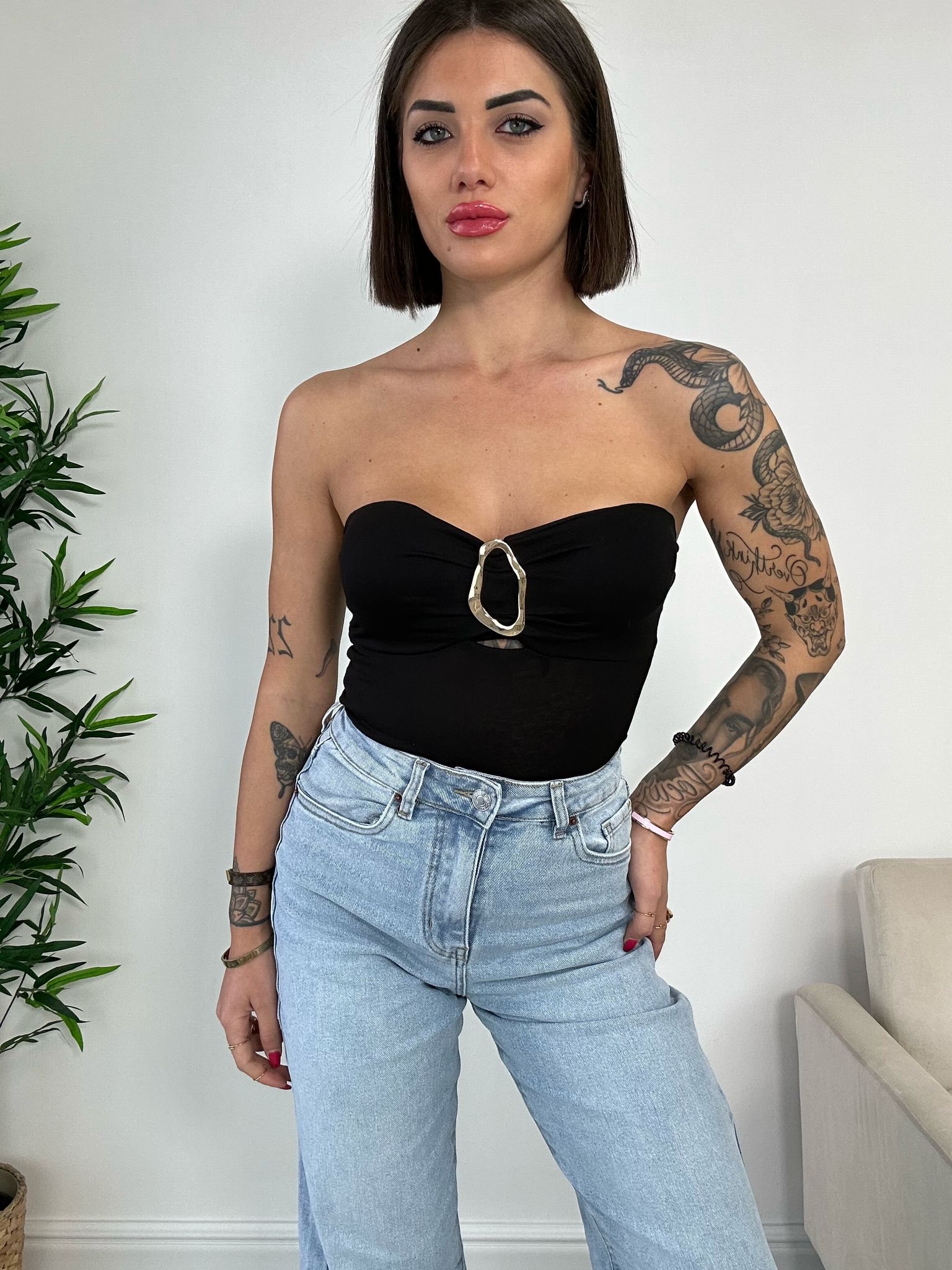 Body a fascia con anello oro - Nero