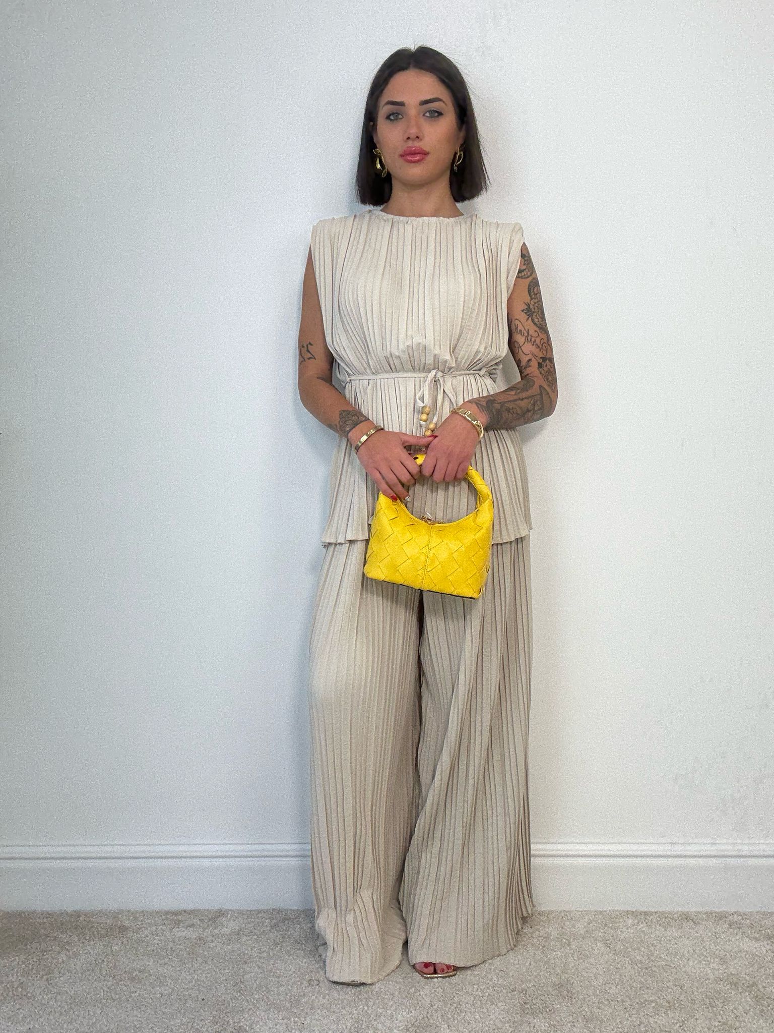 Coordinato Plissettato (Blusa + Pantalone) Beige
