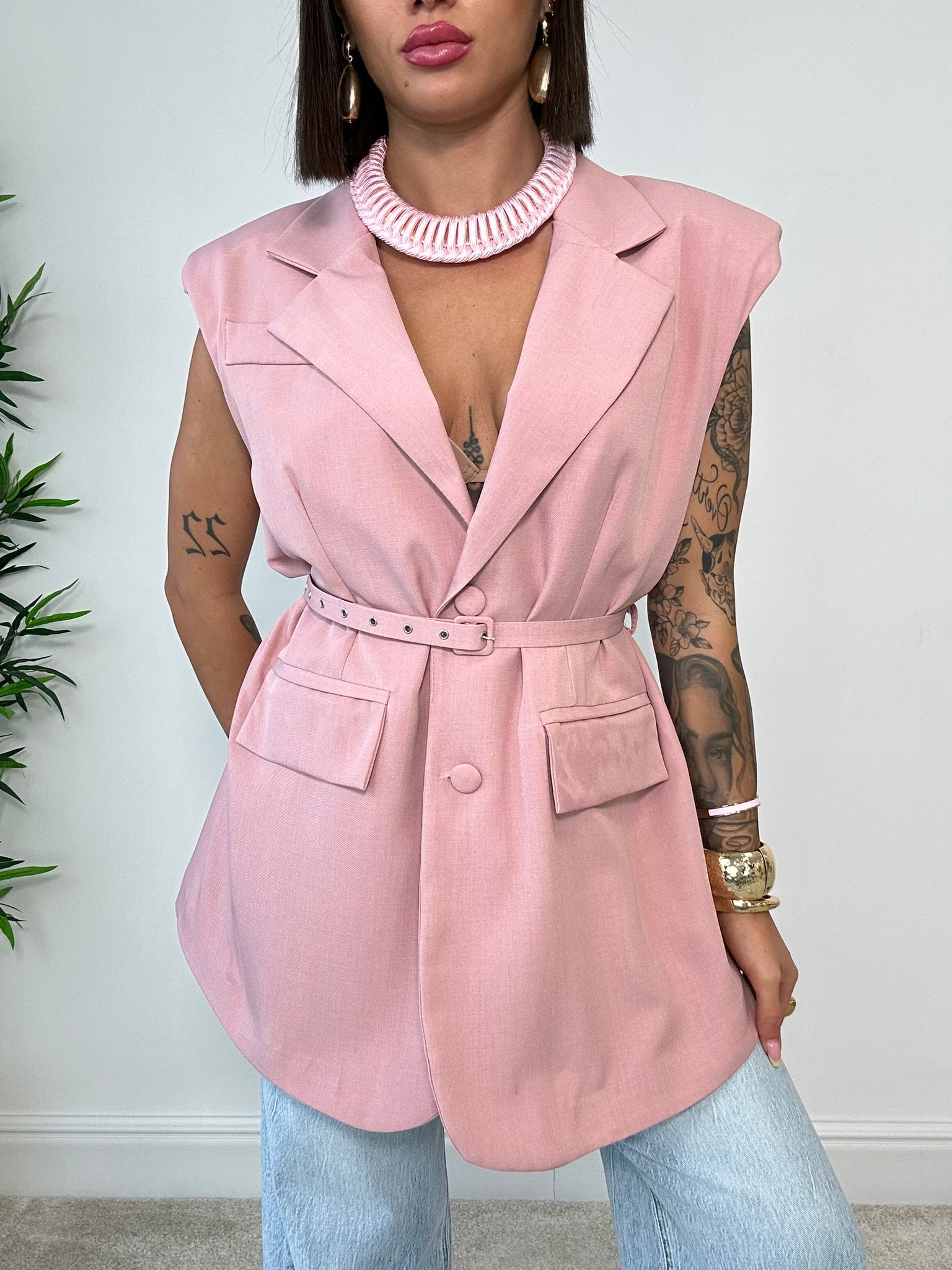 Blazer Smanicato Con Cintura - Rosa