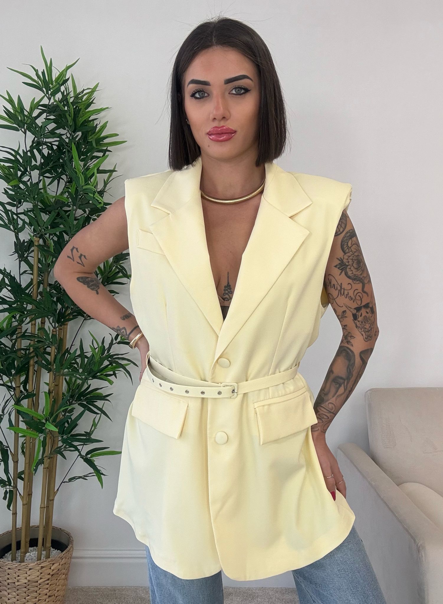 Blazer Smanicato Con Cintura - Giallo