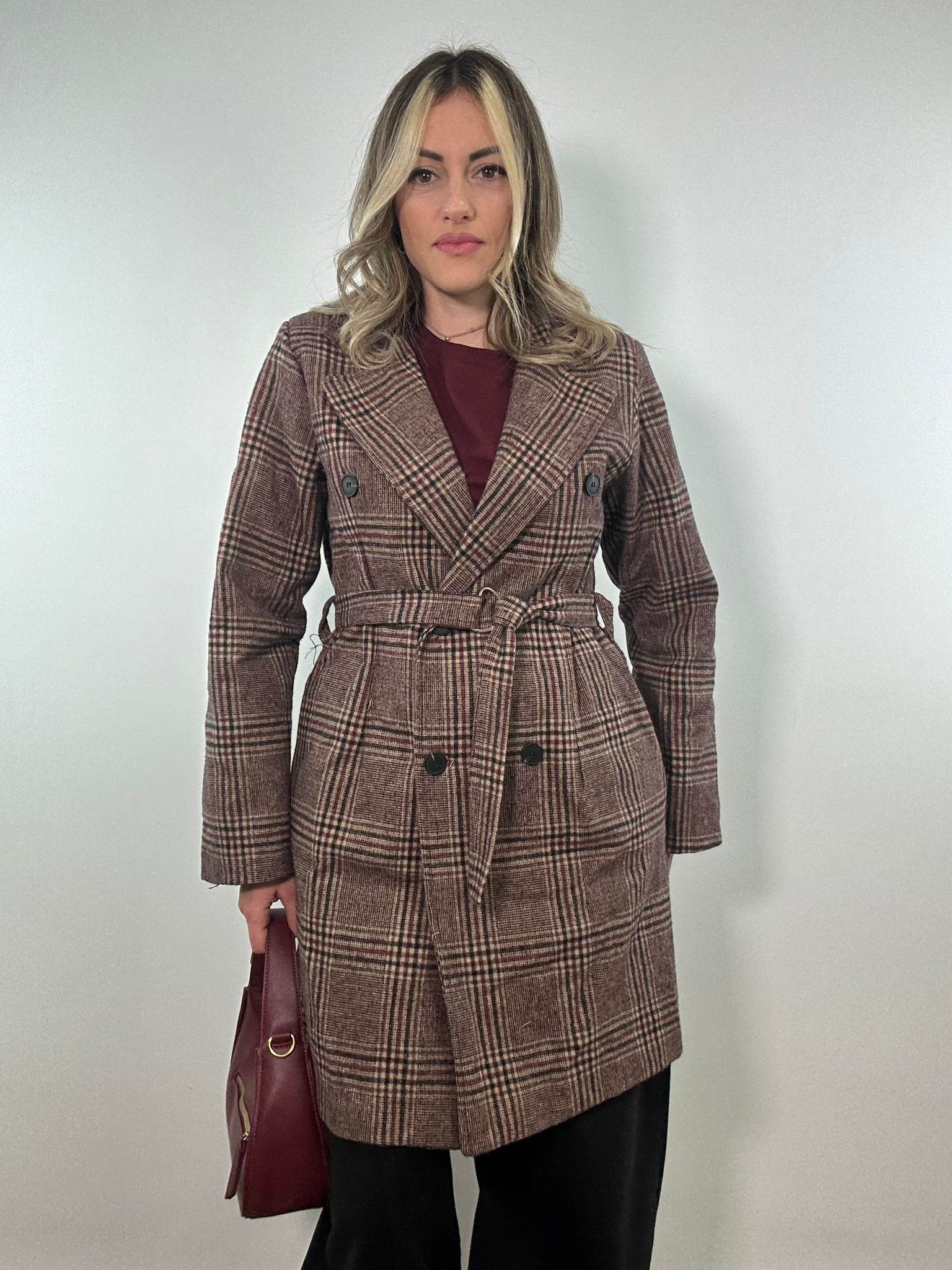 Cappotto a Quadretti 0025 - Bordeaux e Nero