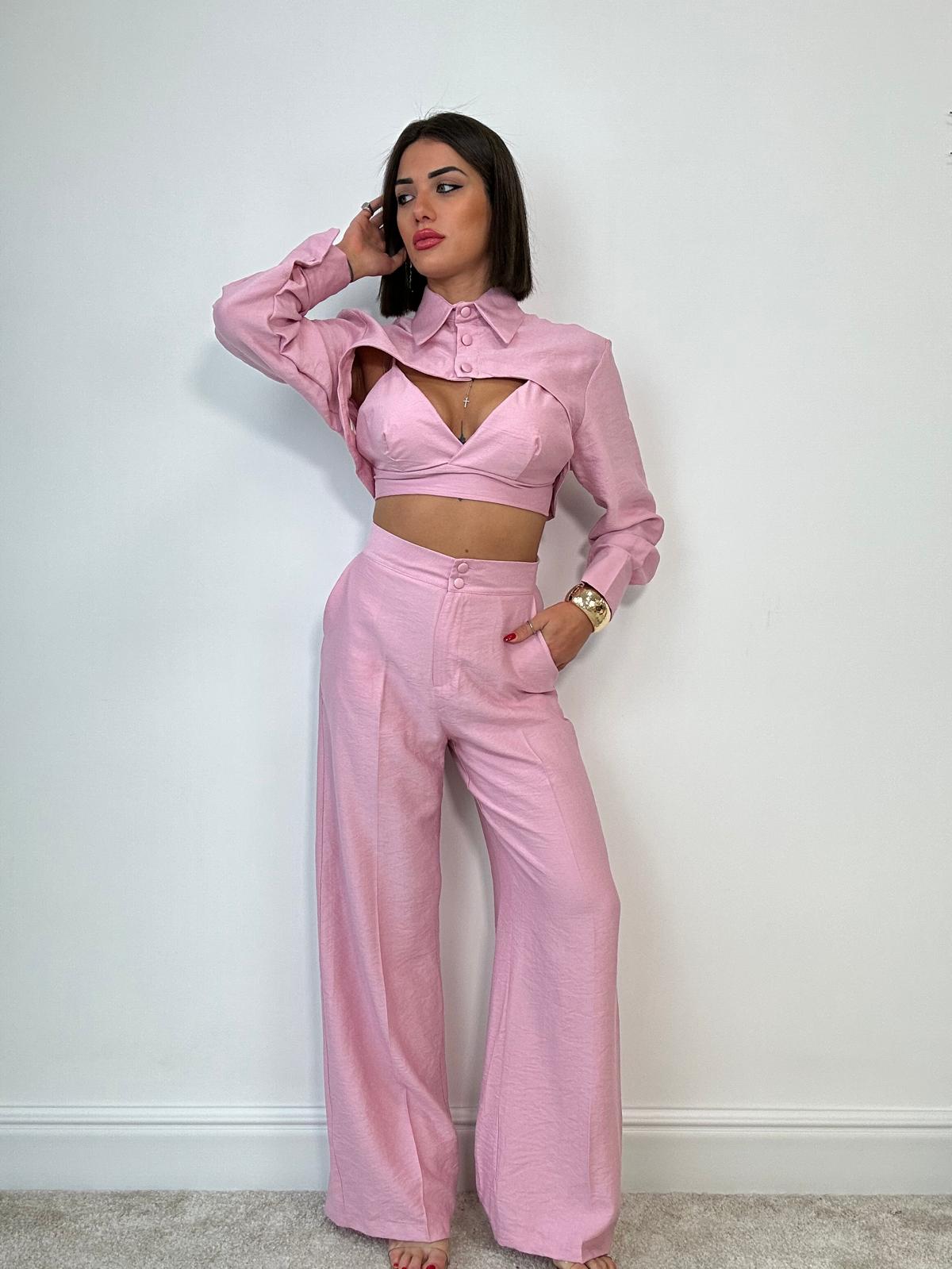 Coordinato Malibù (Camicetta Crop + Bralette + Pantalone) Rosa