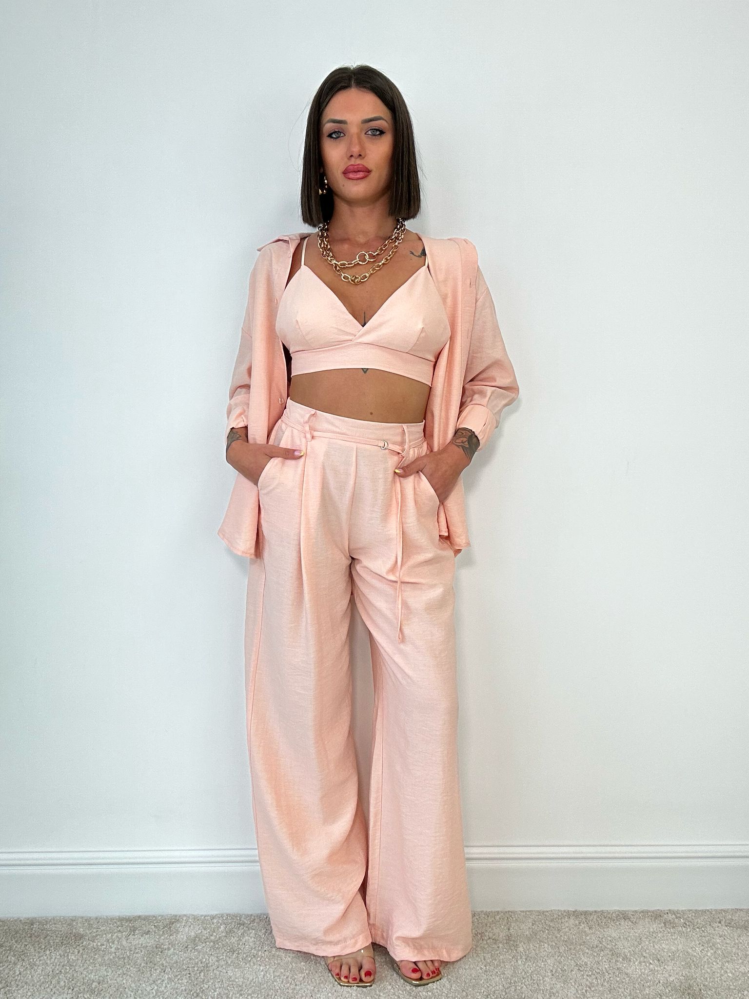 Coordinato Lisbona (Camicia + Bralette + Pantalone) Pesca