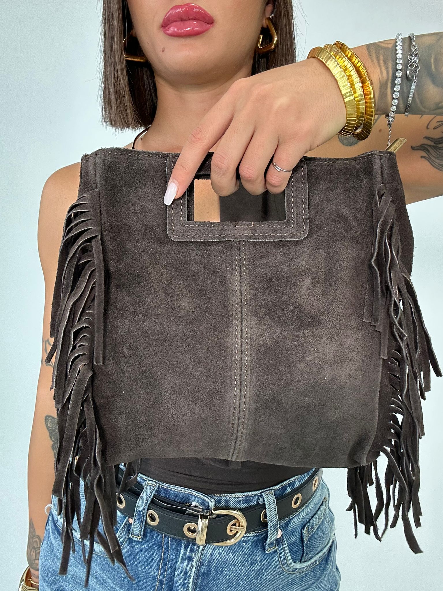 Borsa con frange e manico rigido - Marrone