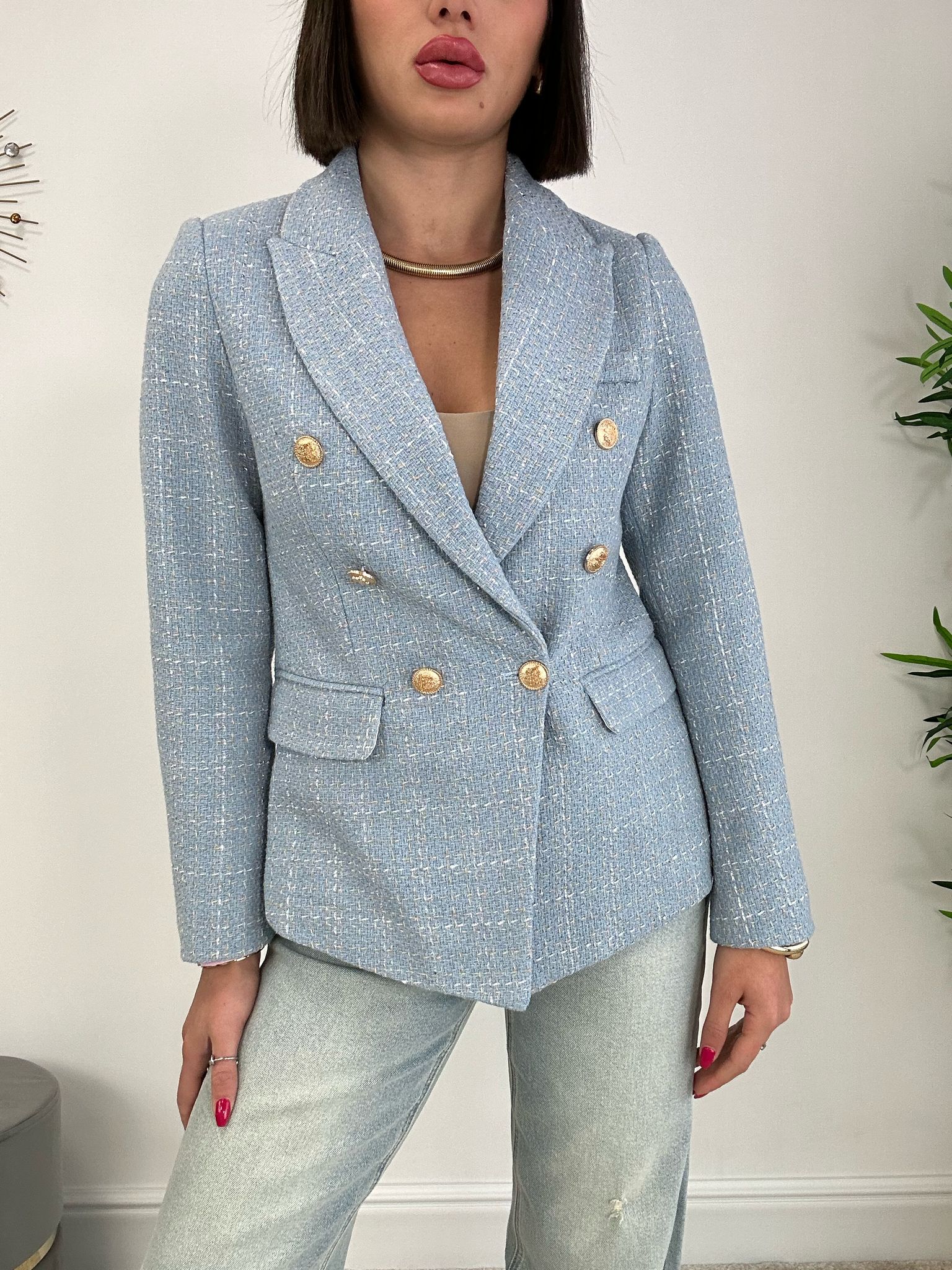 Giacca Doppio Petto in Tweed - Celeste