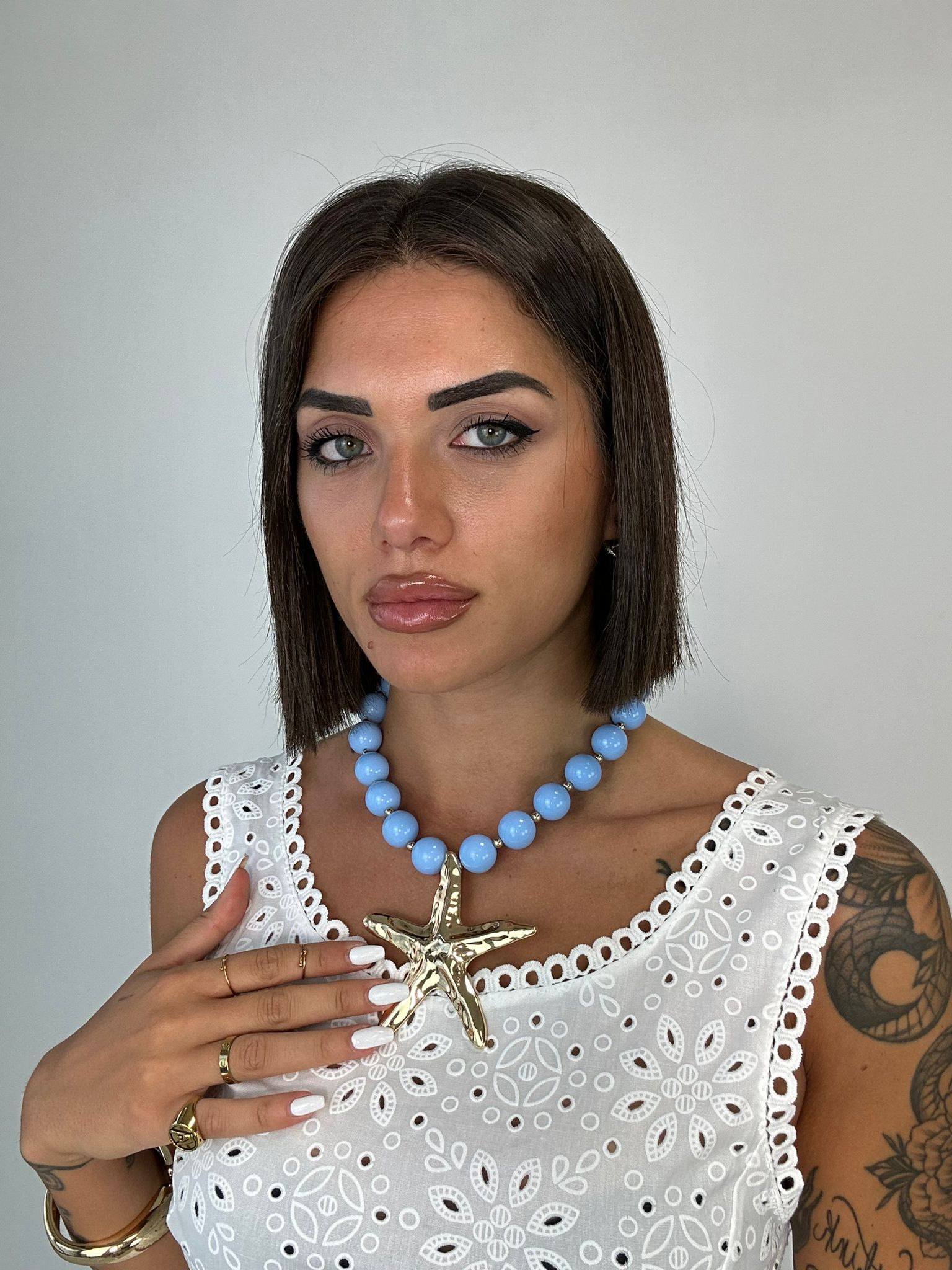 Collana con perle e stella marina - Celeste