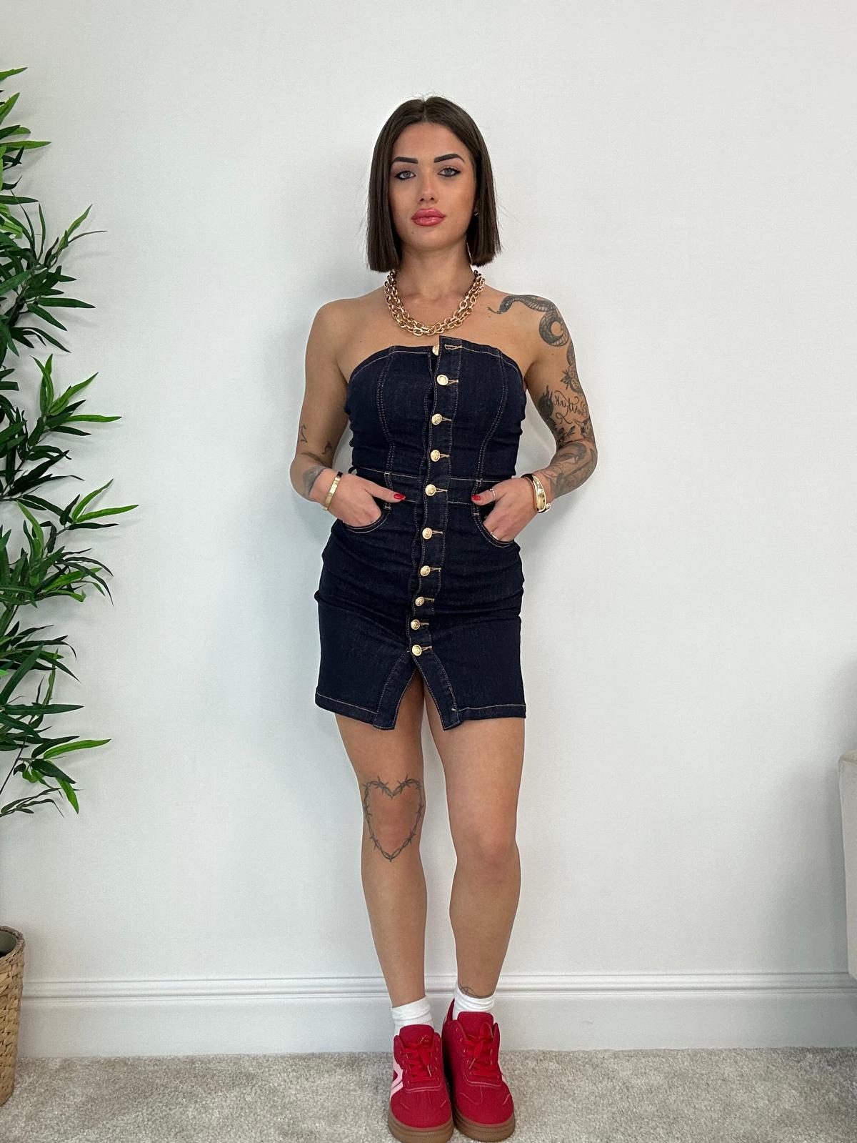 Denim-Bandeau-Kleid – dunkle Waschung