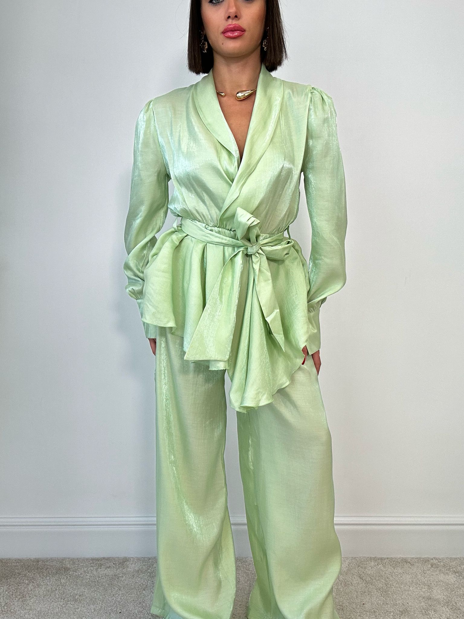 Coordinato Satinato (Blusa + Pantalone) Verde