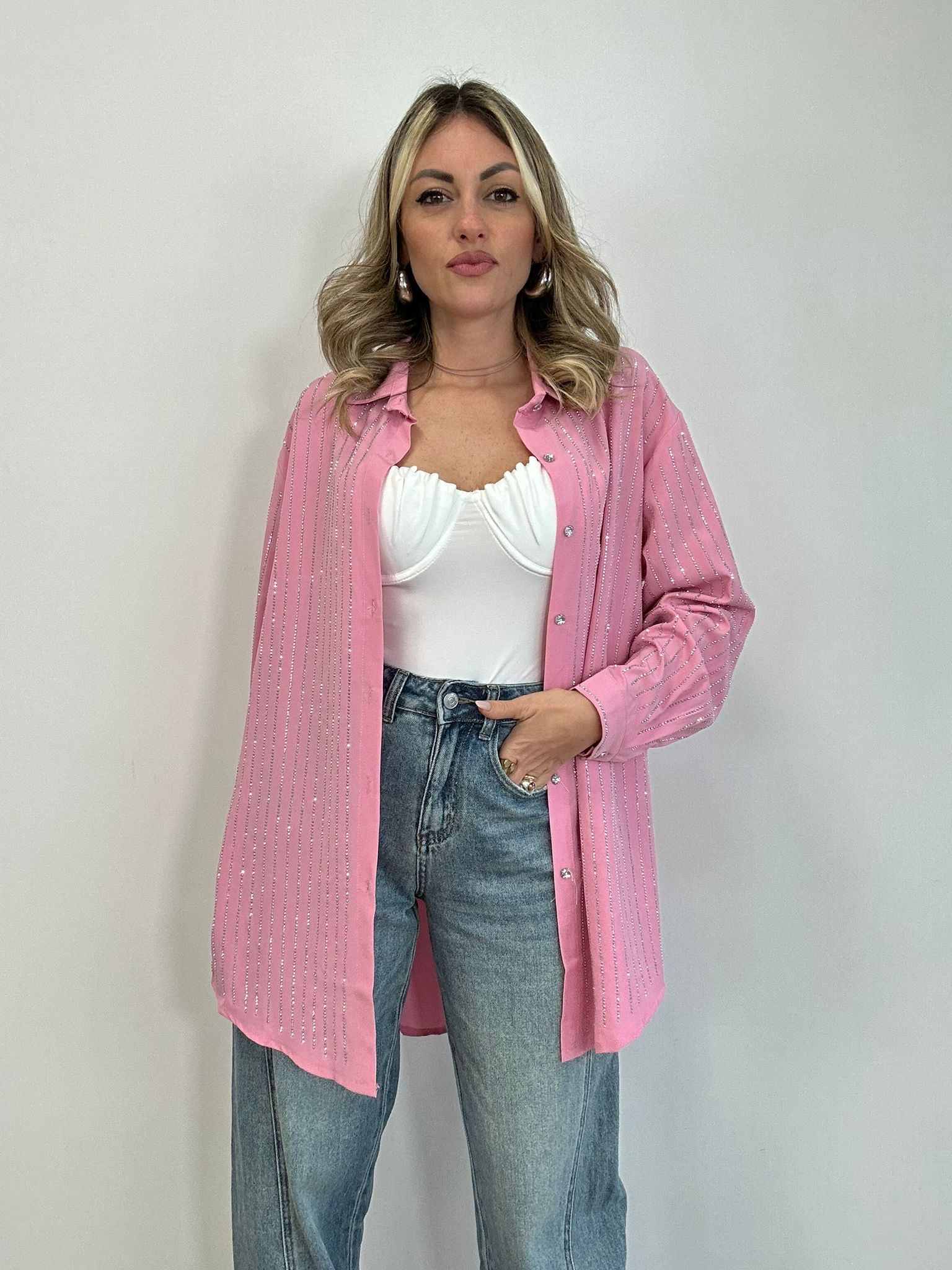 Camicia con strass argento - Rosa
