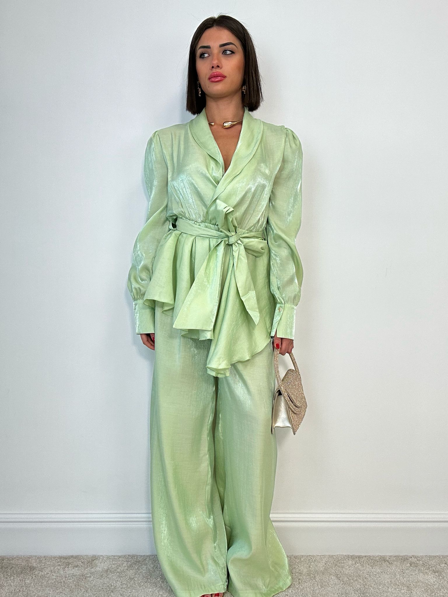 Coordinato Satinato (Blusa + Pantalone) Verde