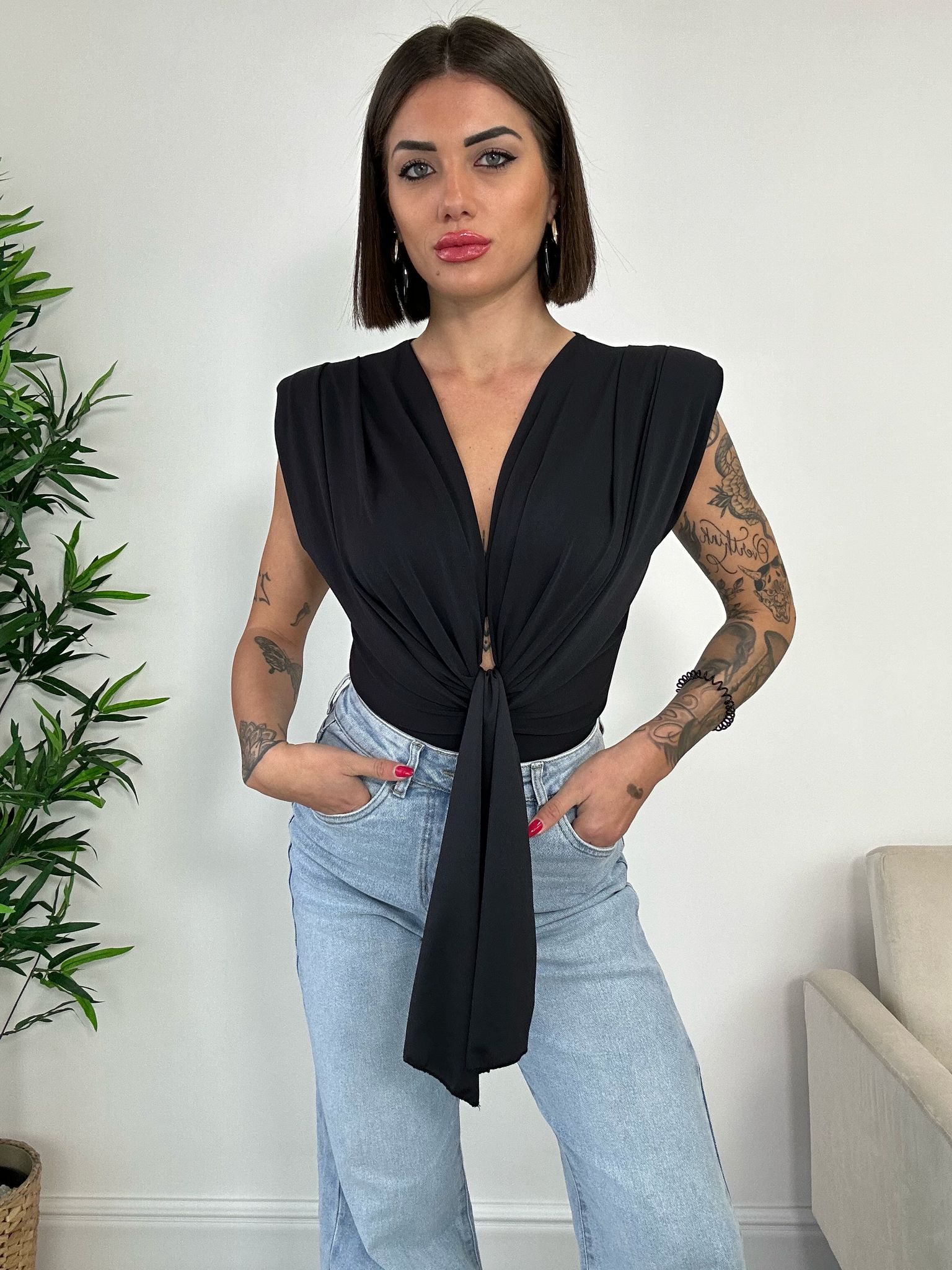 Body Scollo a V con nodo - Nero