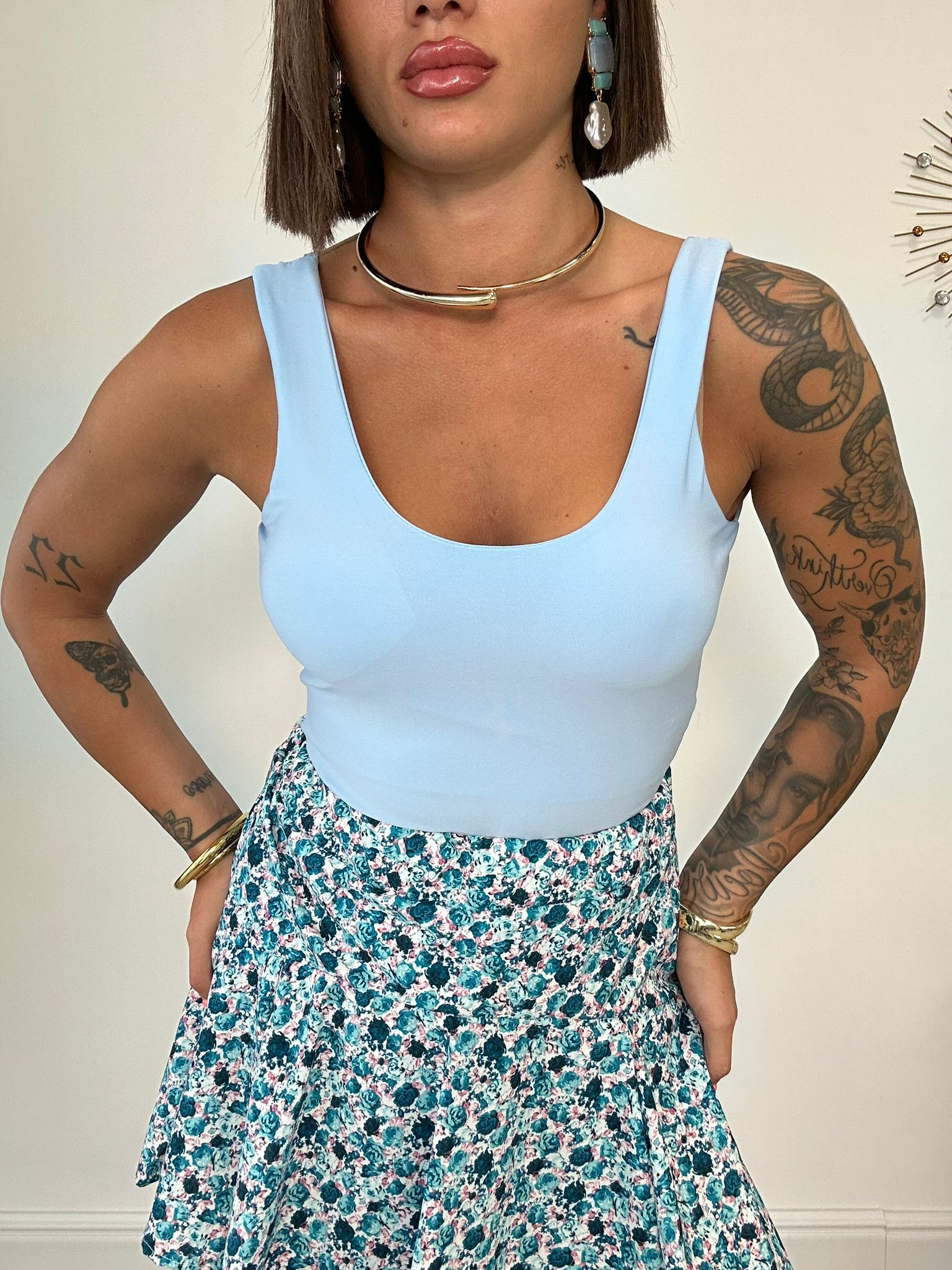 Body con coppe scollo rotondo - Celeste