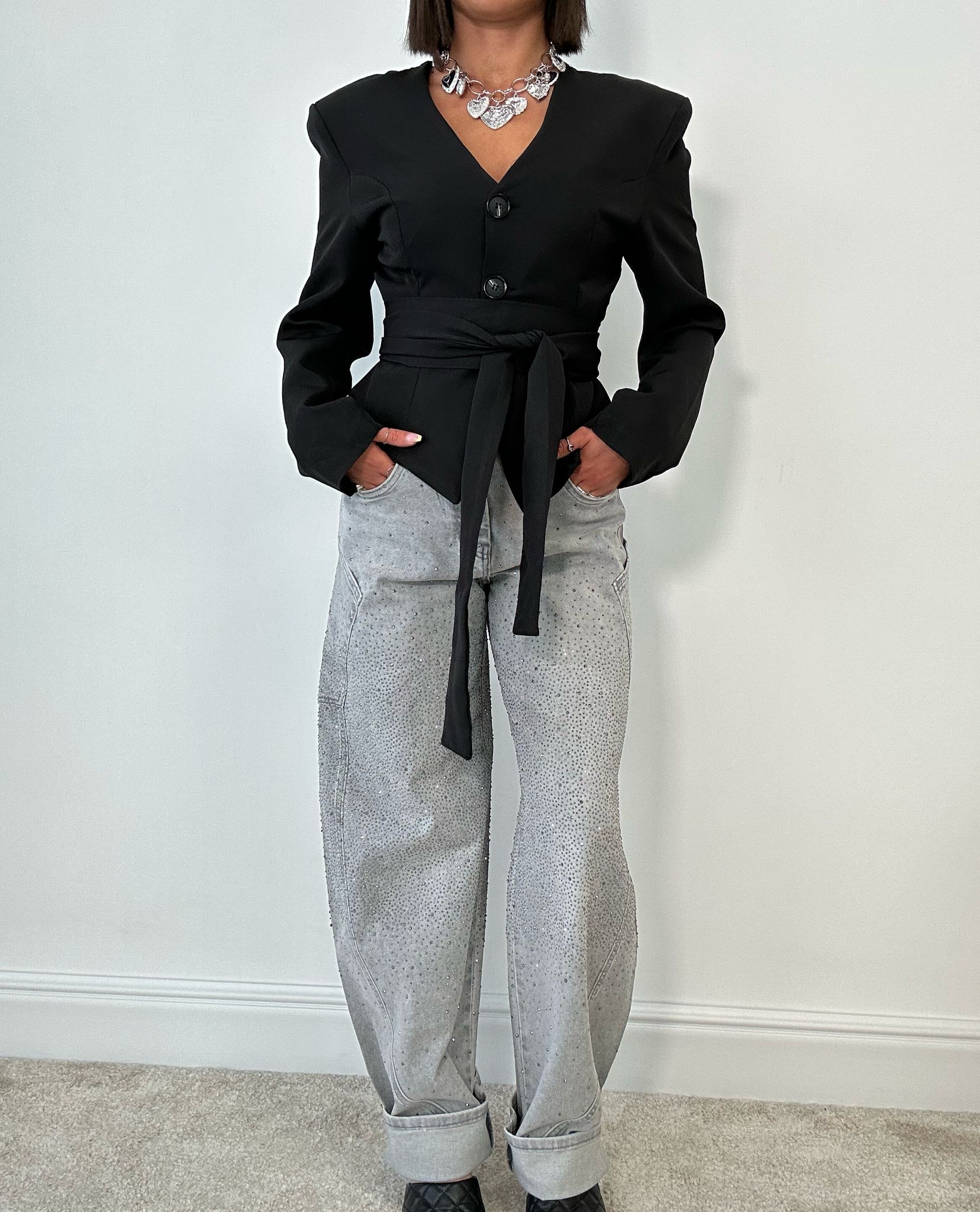 Jeans Wide Balloon Brillantinato - Grigio Chiaro