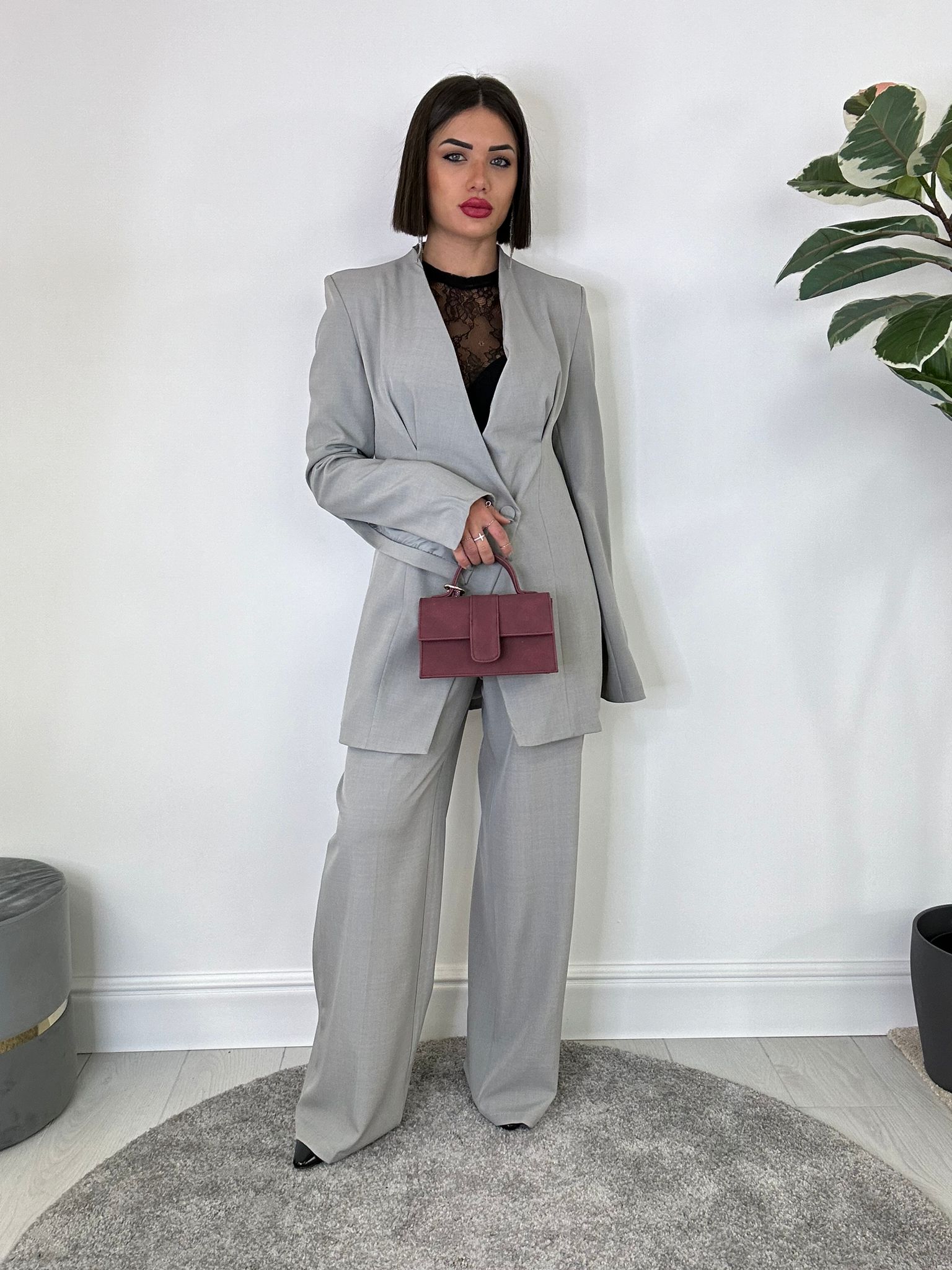 Costume sans col (blazer + pantalon) gris