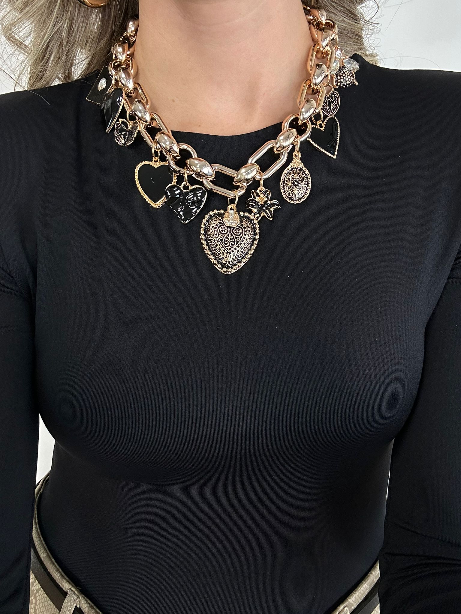 Collana con ciondoli a cuore neri - Oro