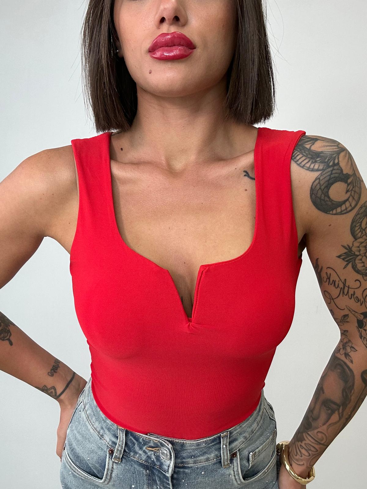Body Smanicato Scollo a V - Rosso