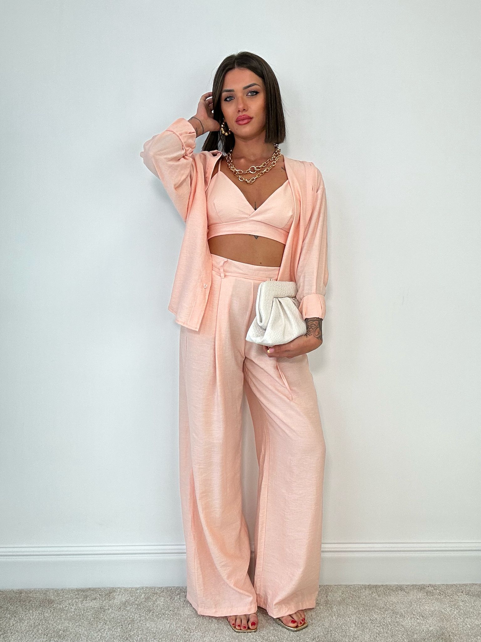 Coordinato Lisbona (Camicia + Bralette + Pantalone) Pesca