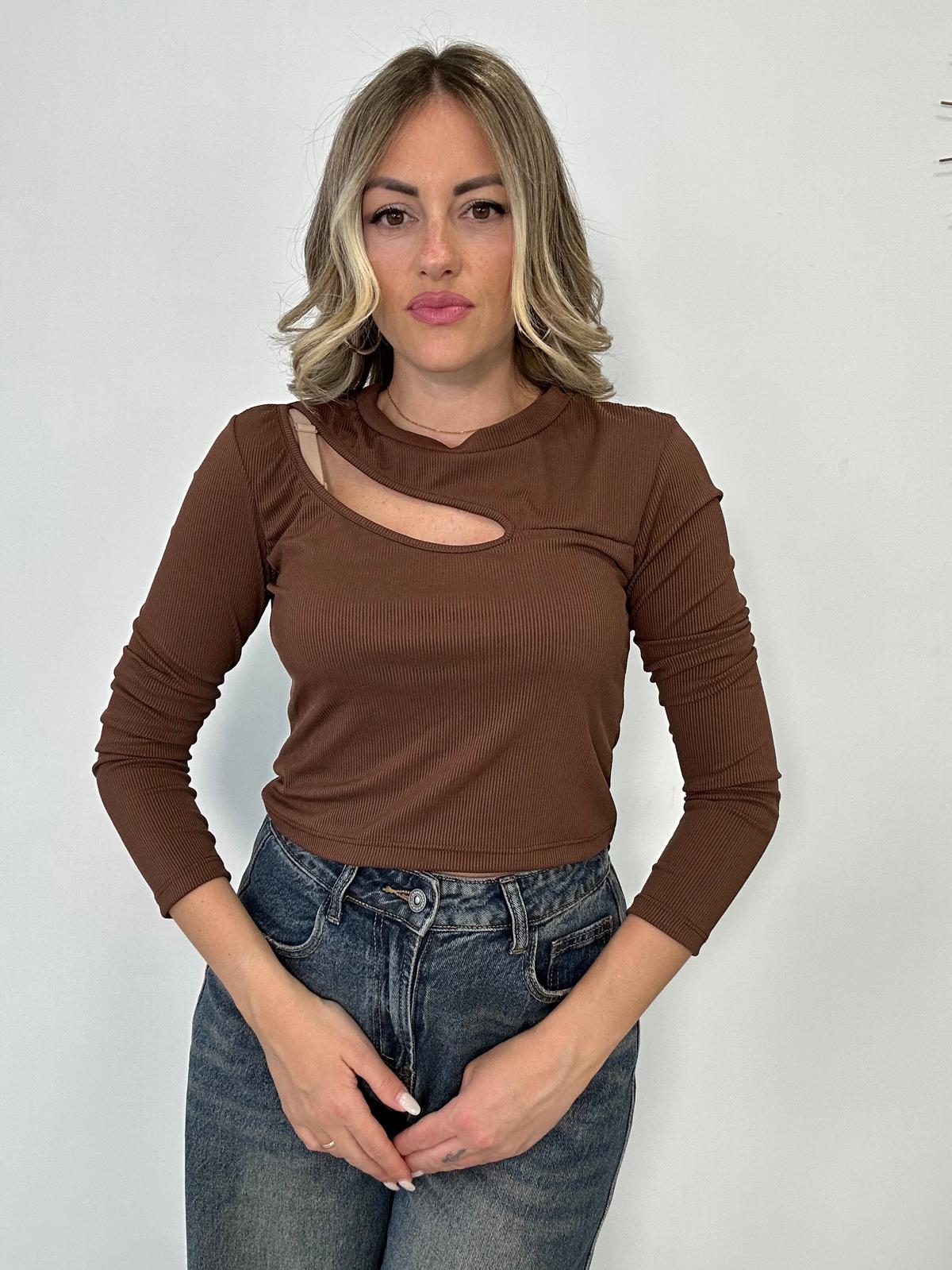 Maglia a costine con apertura - Marrone