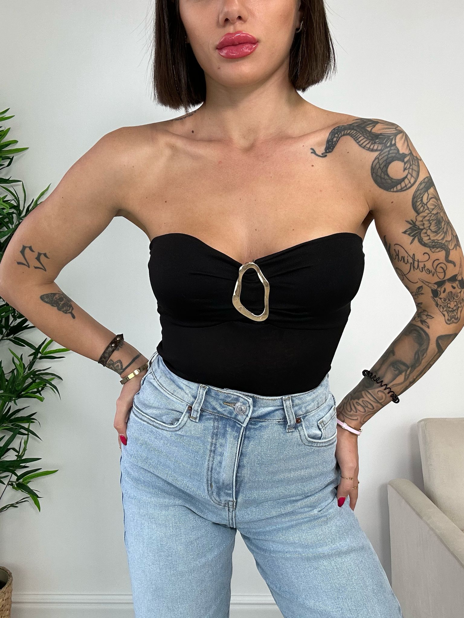 Body a fascia con anello oro - Nero